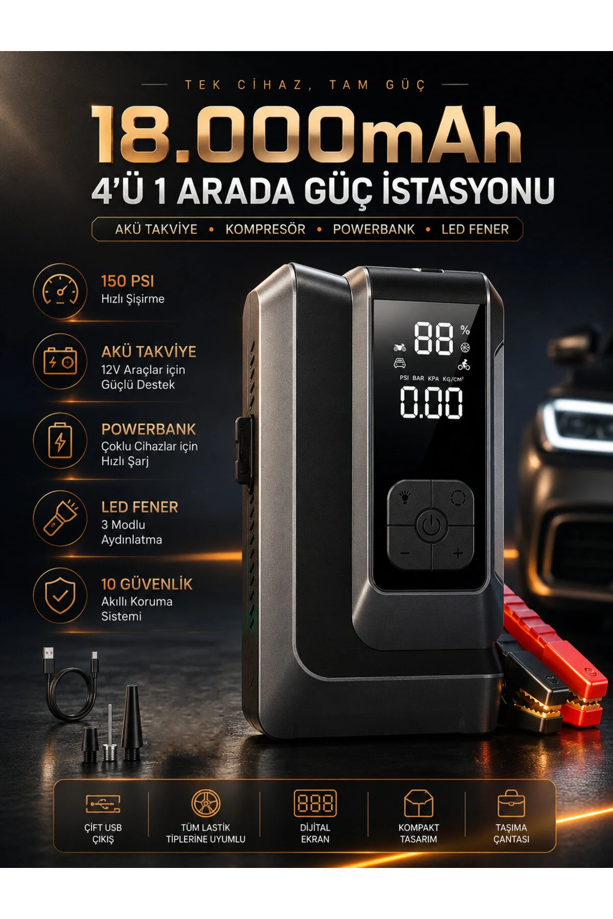 Merwish Akü Takviye ve Hava Kompresörü 18000mAh 150 PSI Powerbank LED Fener Dijital Ekranlı 4'ü 1 Arada