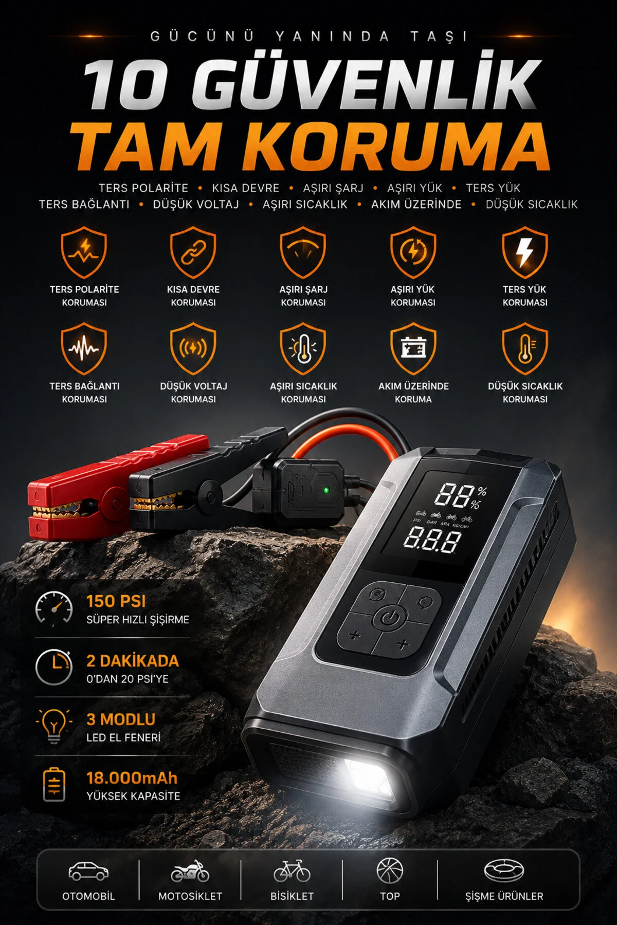 Merwish Akü Takviye ve Hava Kompresörü 18000mAh 150 PSI Powerbank LED Fener Dijital Ekranlı 4'ü 1 Arada