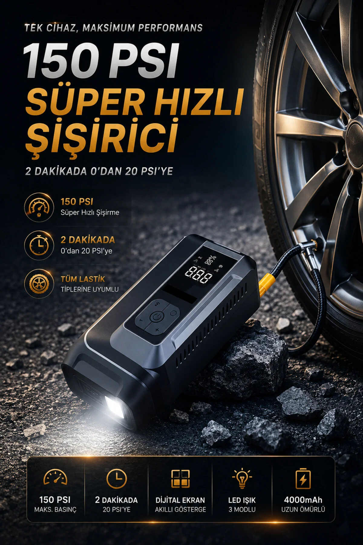 Merwish Akü Takviye ve Hava Kompresörü 18000mAh 150 PSI Powerbank LED Fener Dijital Ekranlı 4'ü 1 Arada
