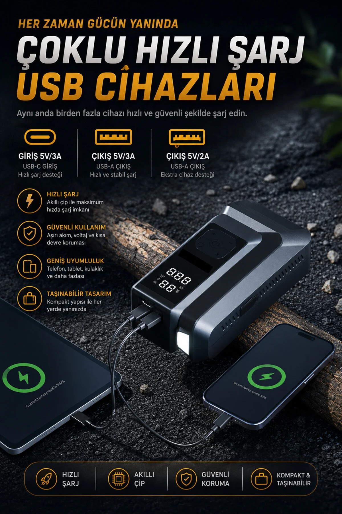 Merwish Akü Takviye ve Hava Kompresörü 18000mAh 150 PSI Powerbank LED Fener Dijital Ekranlı 4'ü 1 Arada