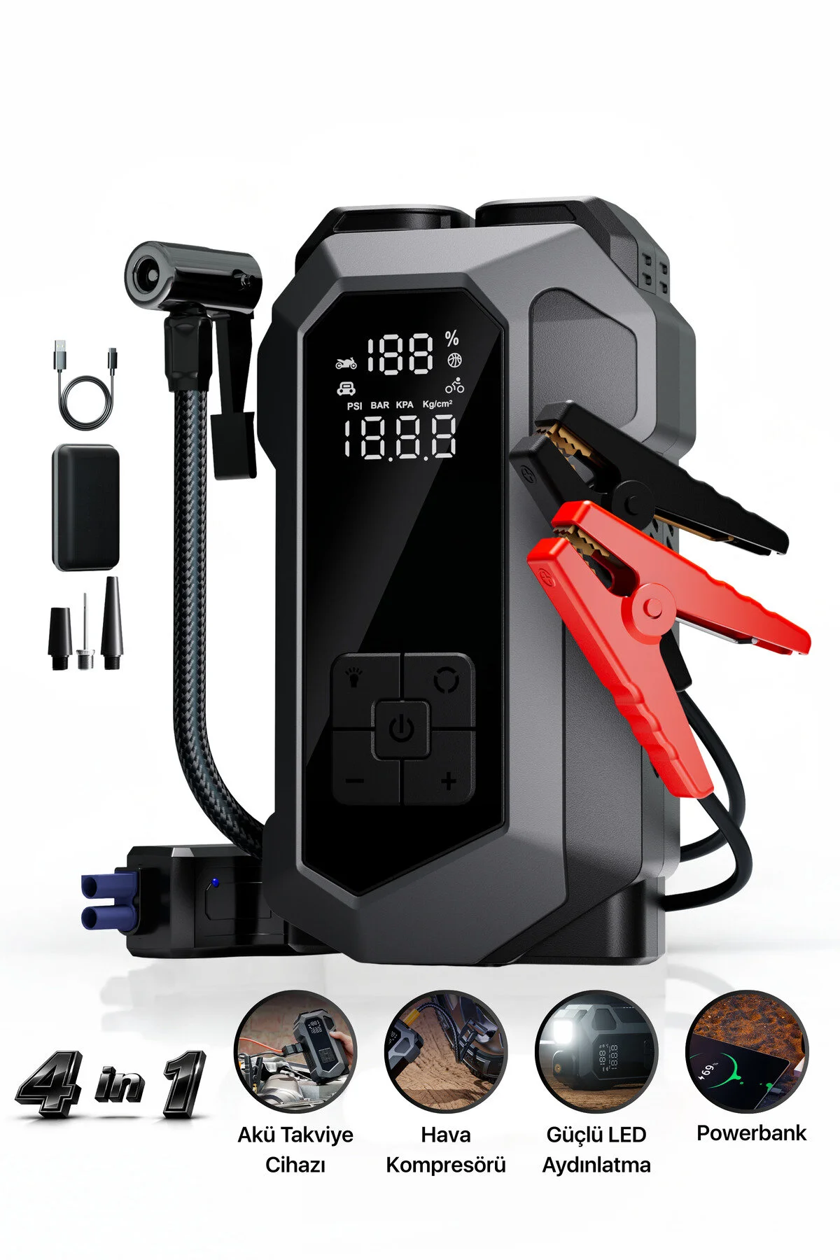 METONTECH 4 in 1 Şarjlı Akü Takviye Cihazı | 16.000 mAh | Akım Koruma | Güçlü Seri | Lastik Şişirme, LED Fener
