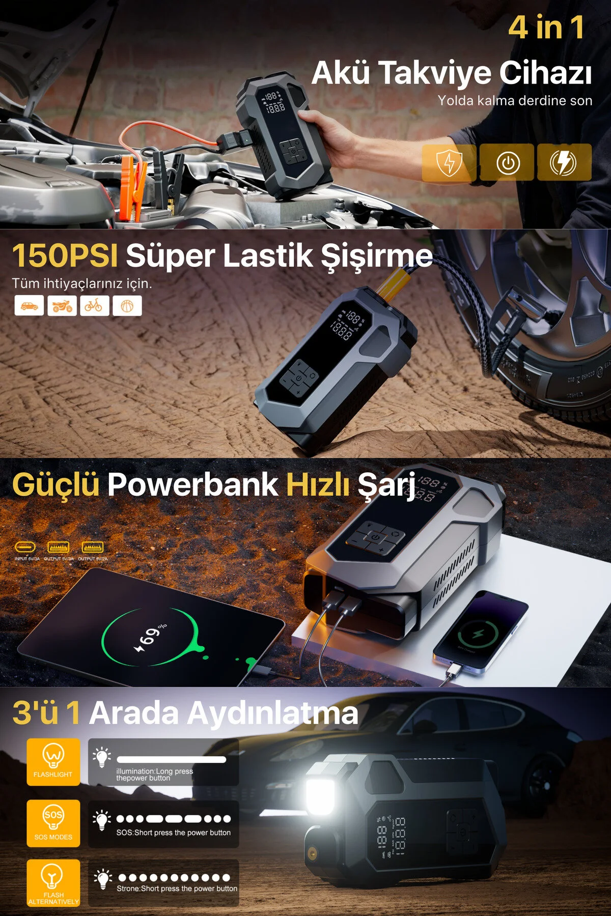 METONTECH 4 in 1 Şarjlı Akü Takviye Cihazı | 16.000 mAh | Akım Koruma | Güçlü Seri | Lastik Şişirme, LED Fener