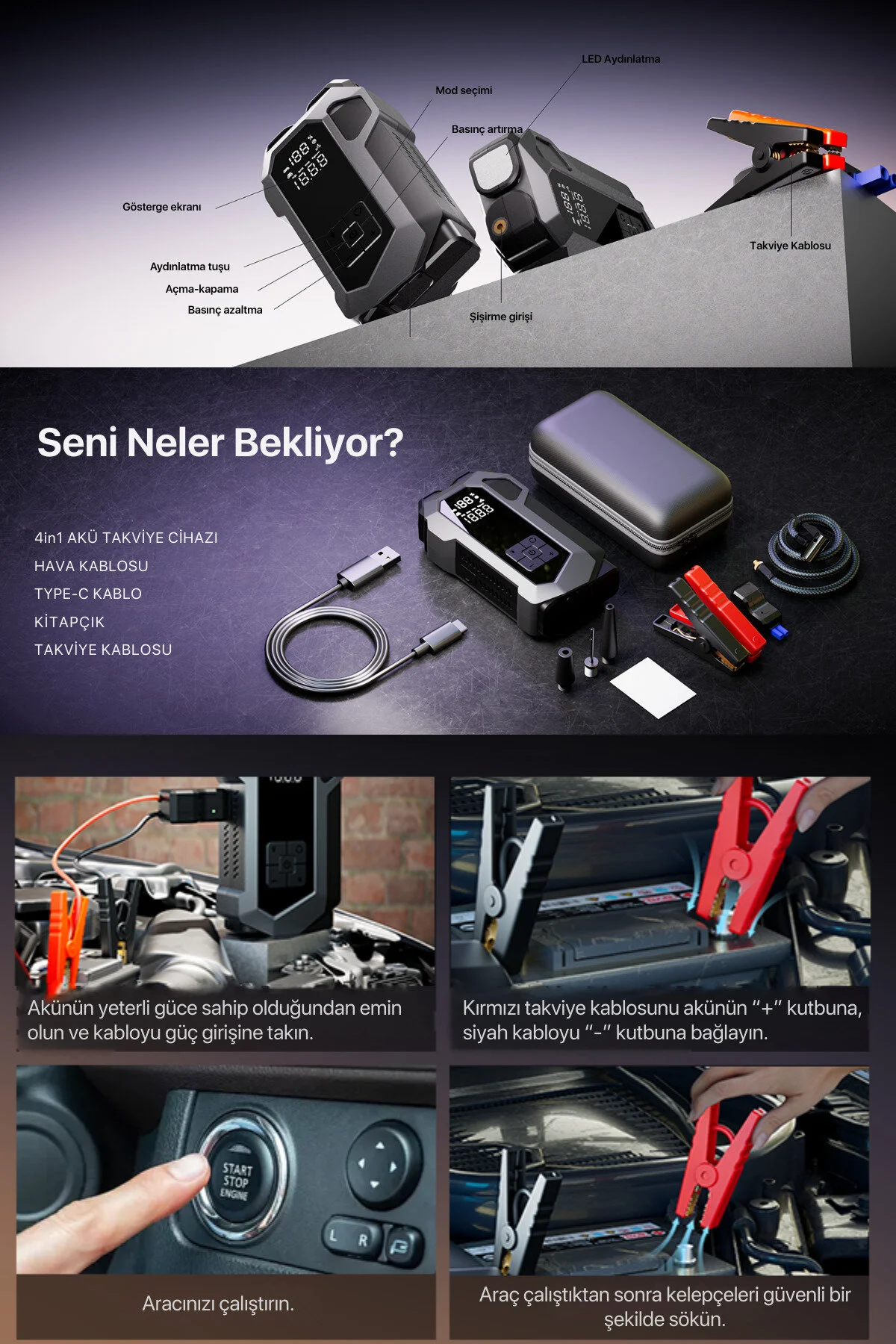 METONTECH 4 in 1 Şarjlı Akü Takviye Cihazı | 16.000 mAh | Akım Koruma | Güçlü Seri | Lastik Şişirme, LED Fener