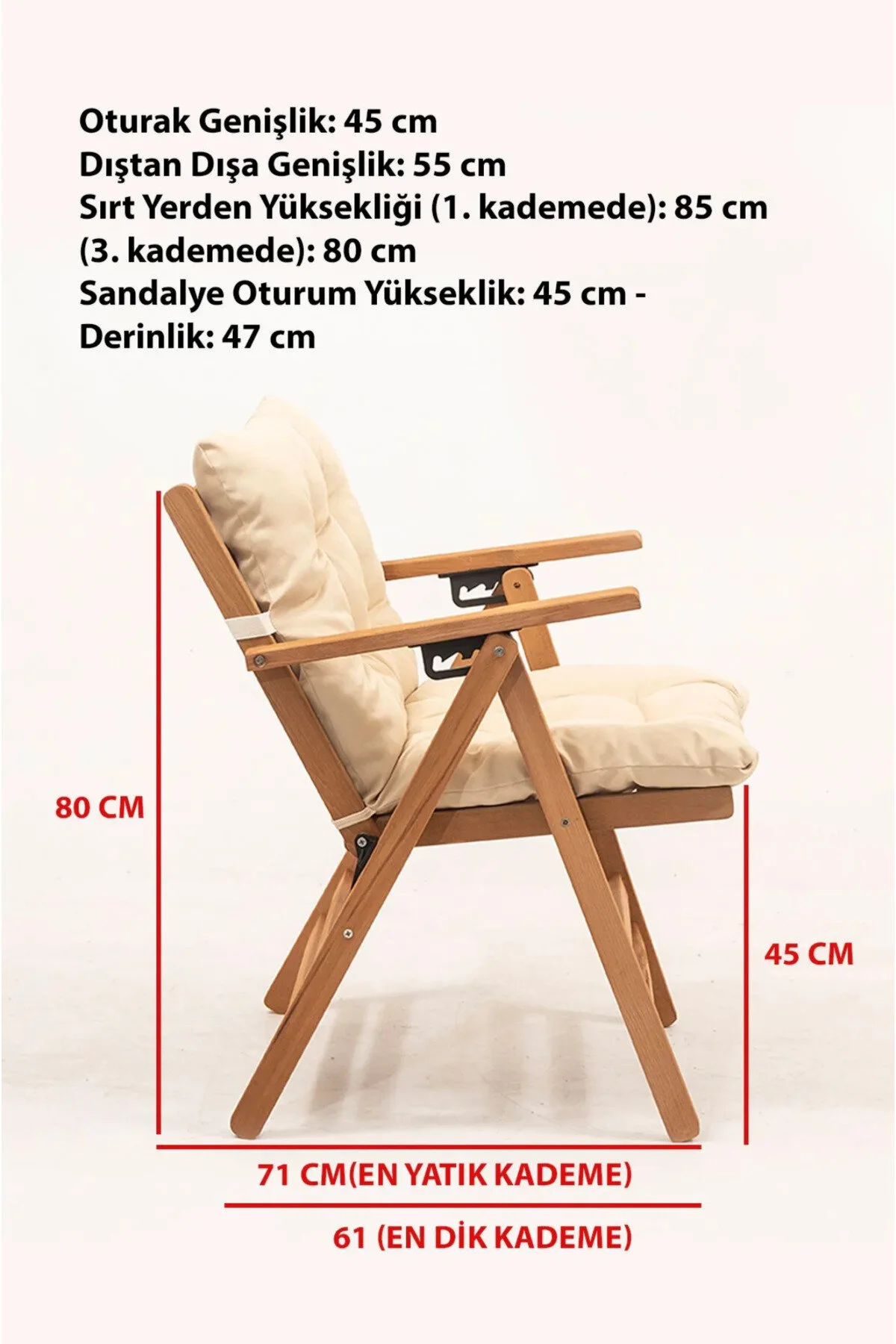 Meya Dekor Loretta Sandalye Minderli Ahşap Bahçe Balkon Teras Katlanır Sandalye