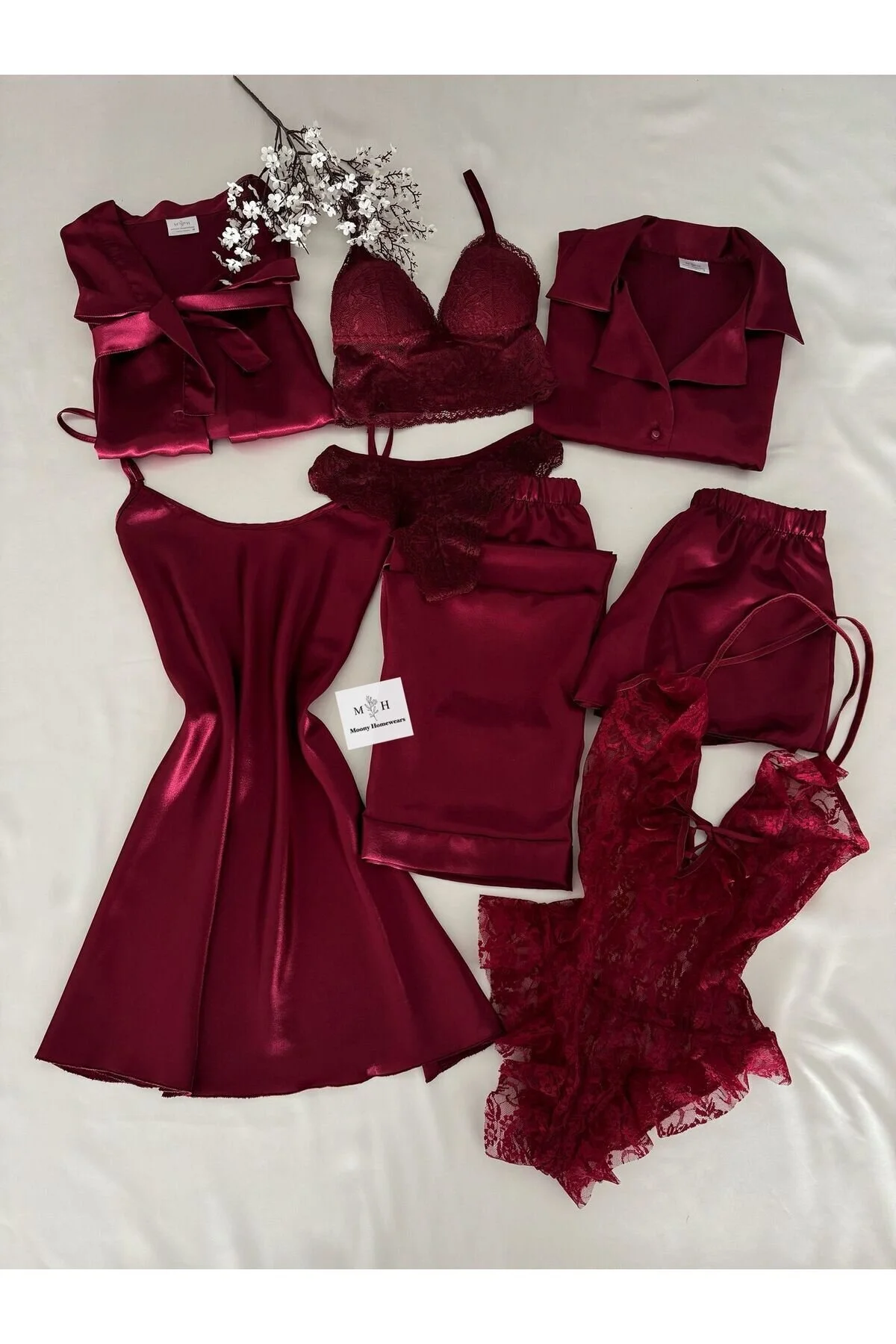 MH Moony Homewears Kutulu 16 Parça Mudodo Bordo Saten Pijama Gecelik Sabahlık Iç Giyim Çeyiz Seti