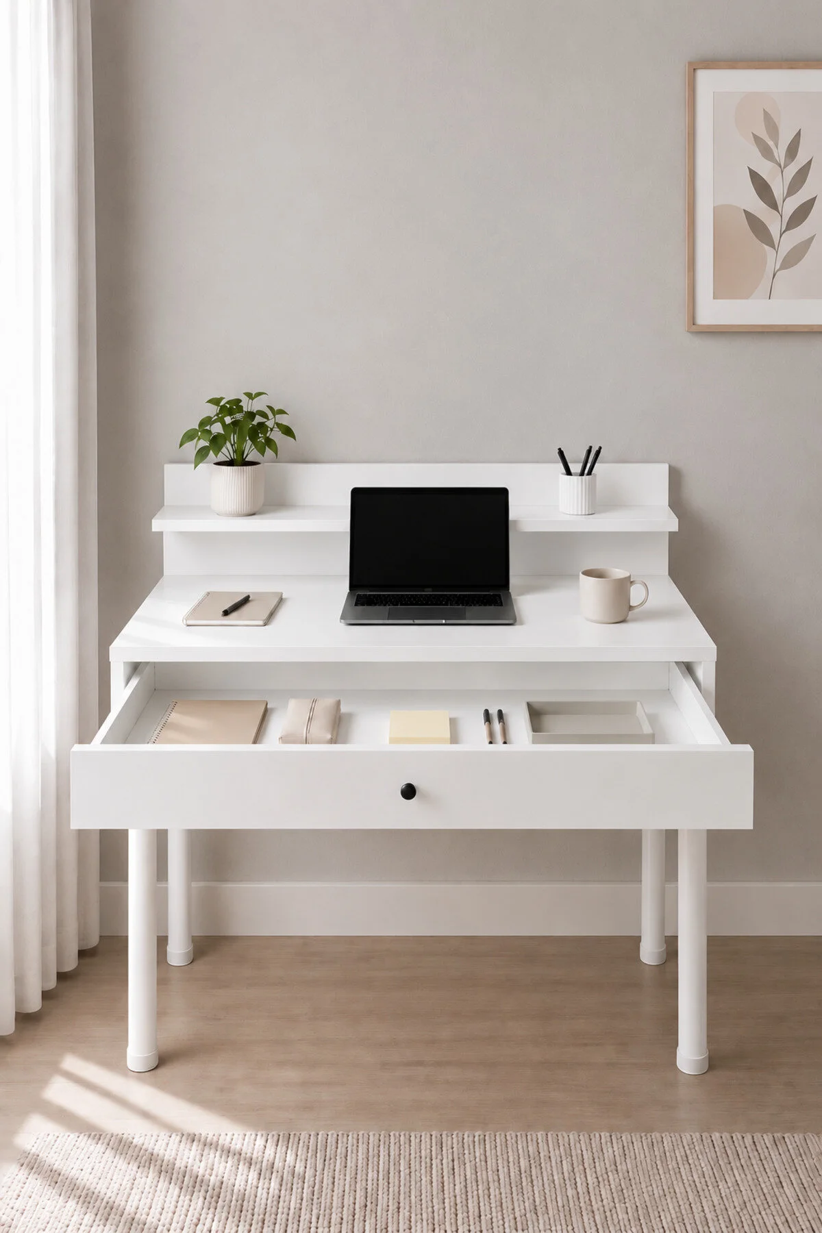 MOBİX HOME MK78 Metal Ayaklı Çalışma Masası Çekmeceli Beyaz Genişlik 90 Cm