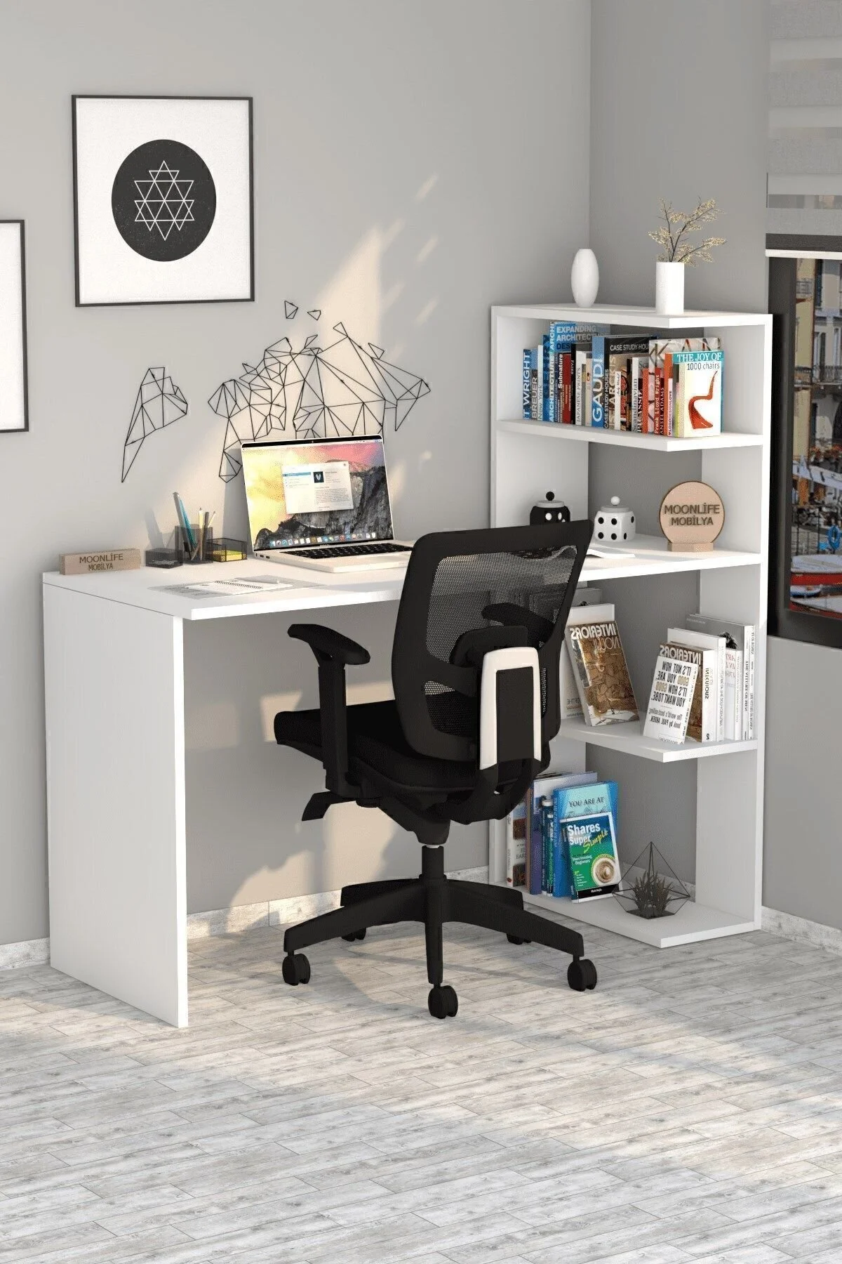 Moonlife Mobilya Çınar Kitaplıklı Çalışma Masası Beyaz
