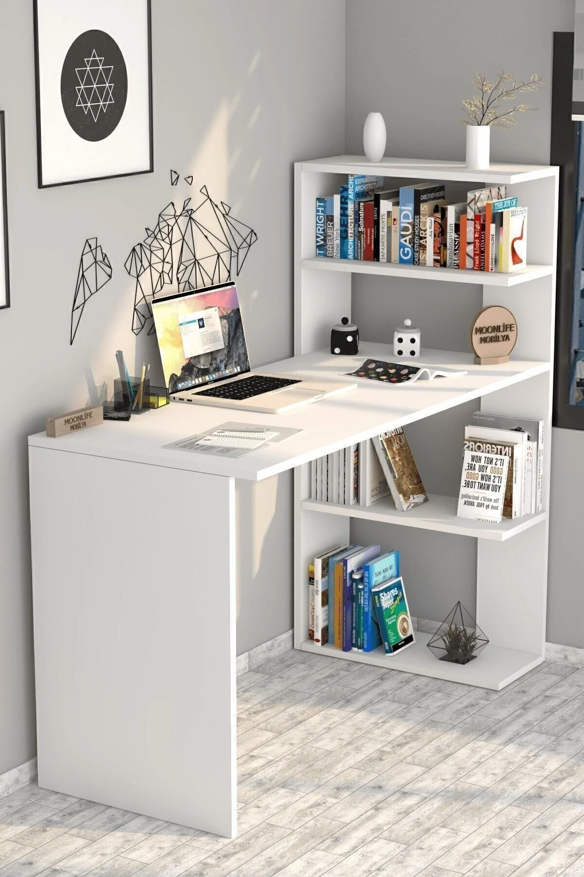 Moonlife Mobilya Çınar Kitaplıklı Çalışma Masası Beyaz