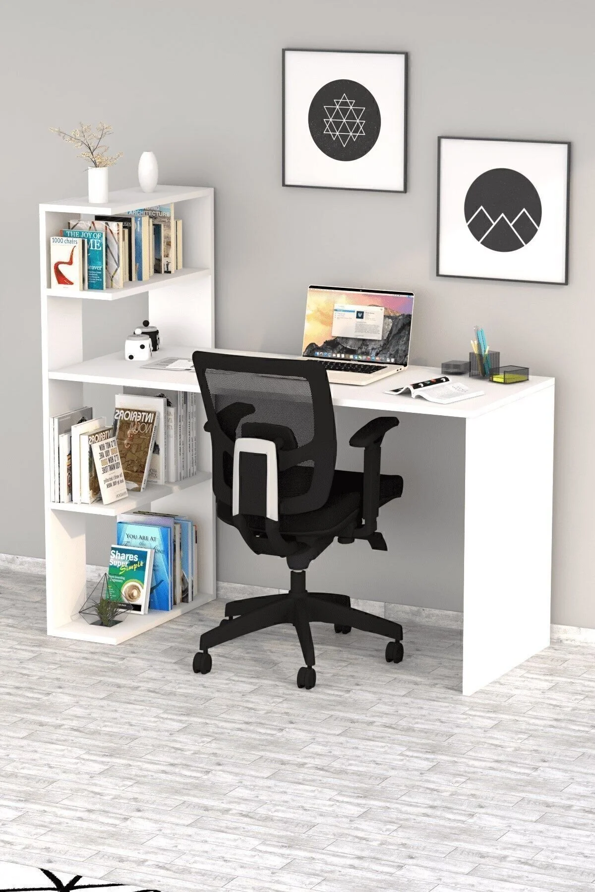 Moonlife Mobilya Çınar Kitaplıklı Çalışma Masası Beyaz