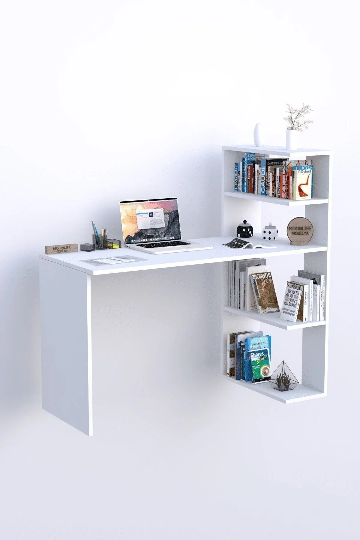 Moonlife Mobilya Çınar Kitaplıklı Çalışma Masası Beyaz