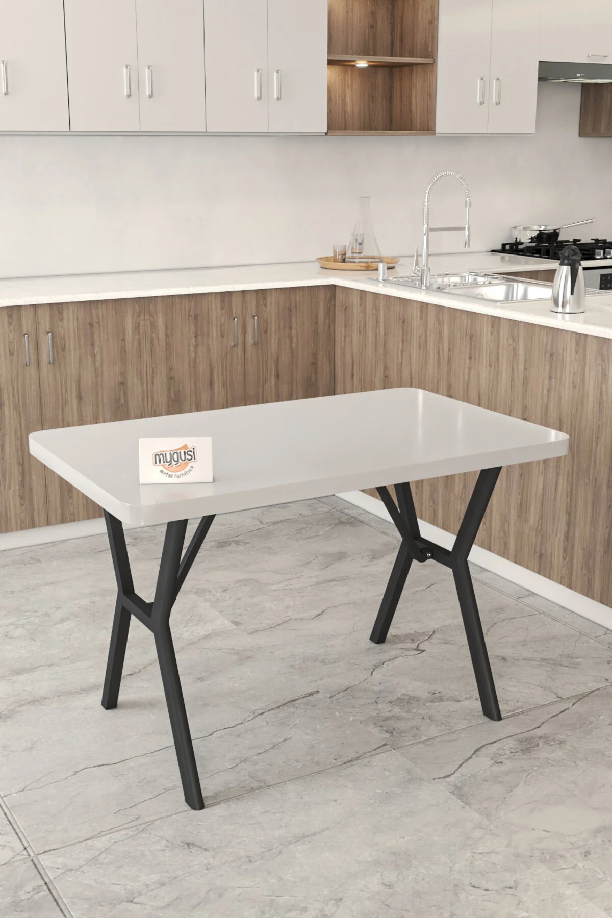 Mygusi Gnr 70x110cm Sabit Beyaz Mutfak Masası Takımı, Yemek Masası, 4 Modern Gri Sandalye