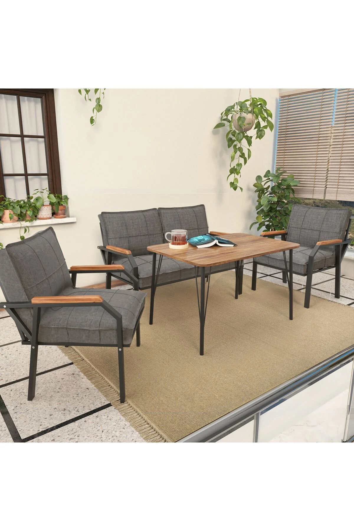 Mygusi Hayal Balkon, Bahçe, Cafe, Metal Kanepe Koltuk Takımı , Bahçe Mobilyası, 60x90 Masalı - 211 Koyu Gri