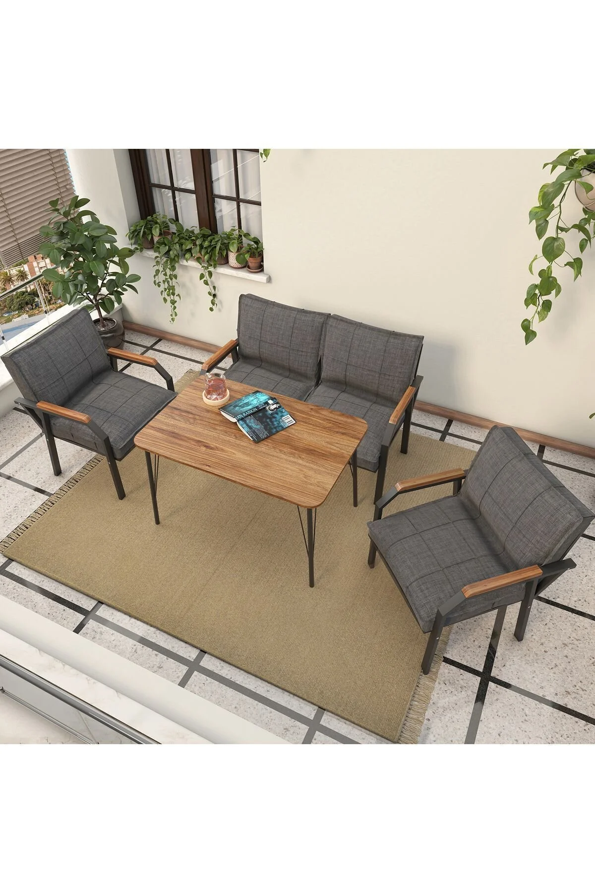 Mygusi Hayal Balkon, Bahçe, Cafe, Metal Kanepe Koltuk Takımı , Bahçe Mobilyası, 60x90 Masalı - 211 Koyu Gri