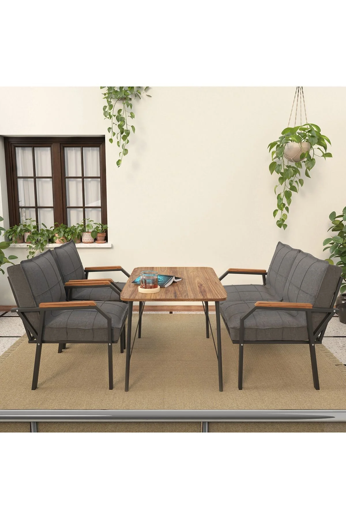 Mygusi Hayal Balkon, Bahçe, Cafe, Metal Kanepe Koltuk Takımı , Bahçe Mobilyası, 60x90 Masalı - 211 Koyu Gri