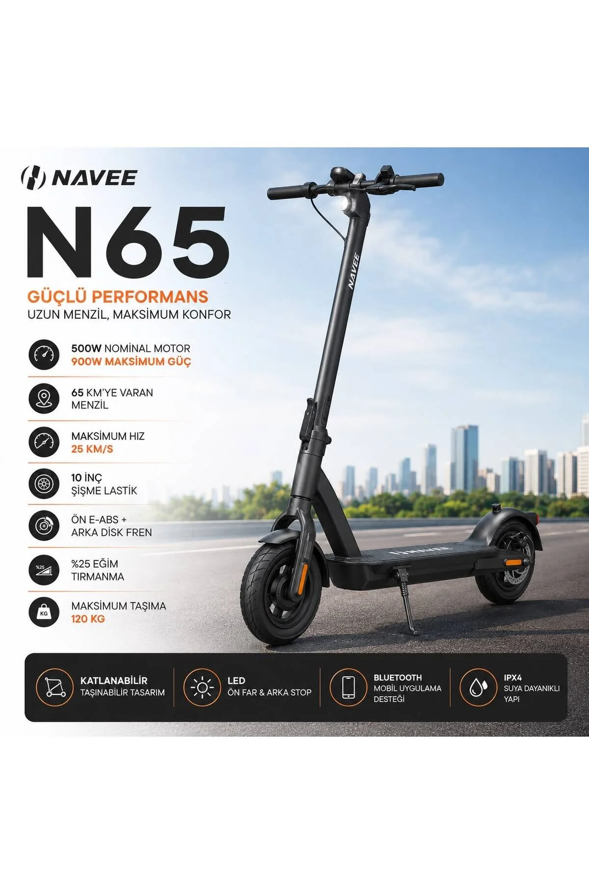 Navee N65 Elektrikli Scooter 500W Motor (900W Maksimum Güç) 65 Km Menzil 10 İnç Şişme Lastik Katlanabilir E-Scooter Siyah