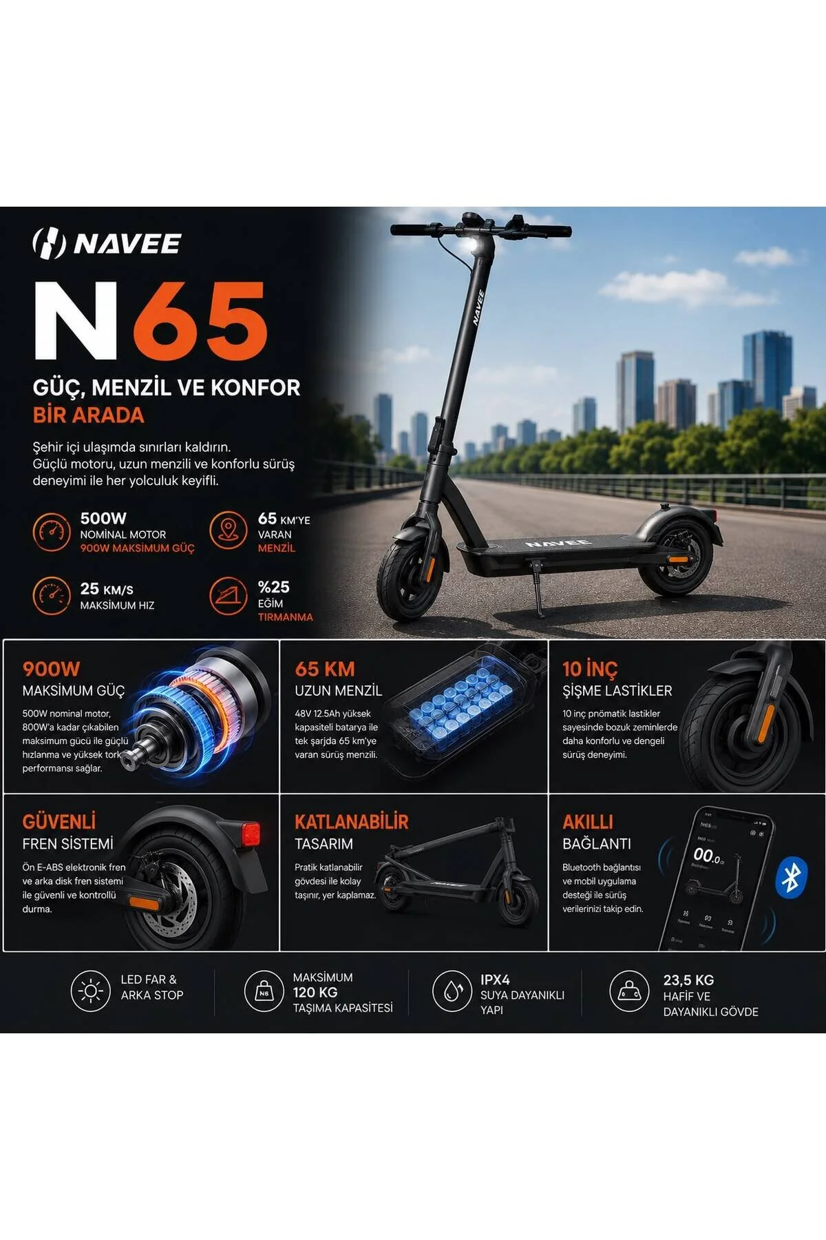 Navee N65 Elektrikli Scooter 500W Motor (900W Maksimum Güç) 65 Km Menzil 10 İnç Şişme Lastik Katlanabilir E-Scooter Siyah