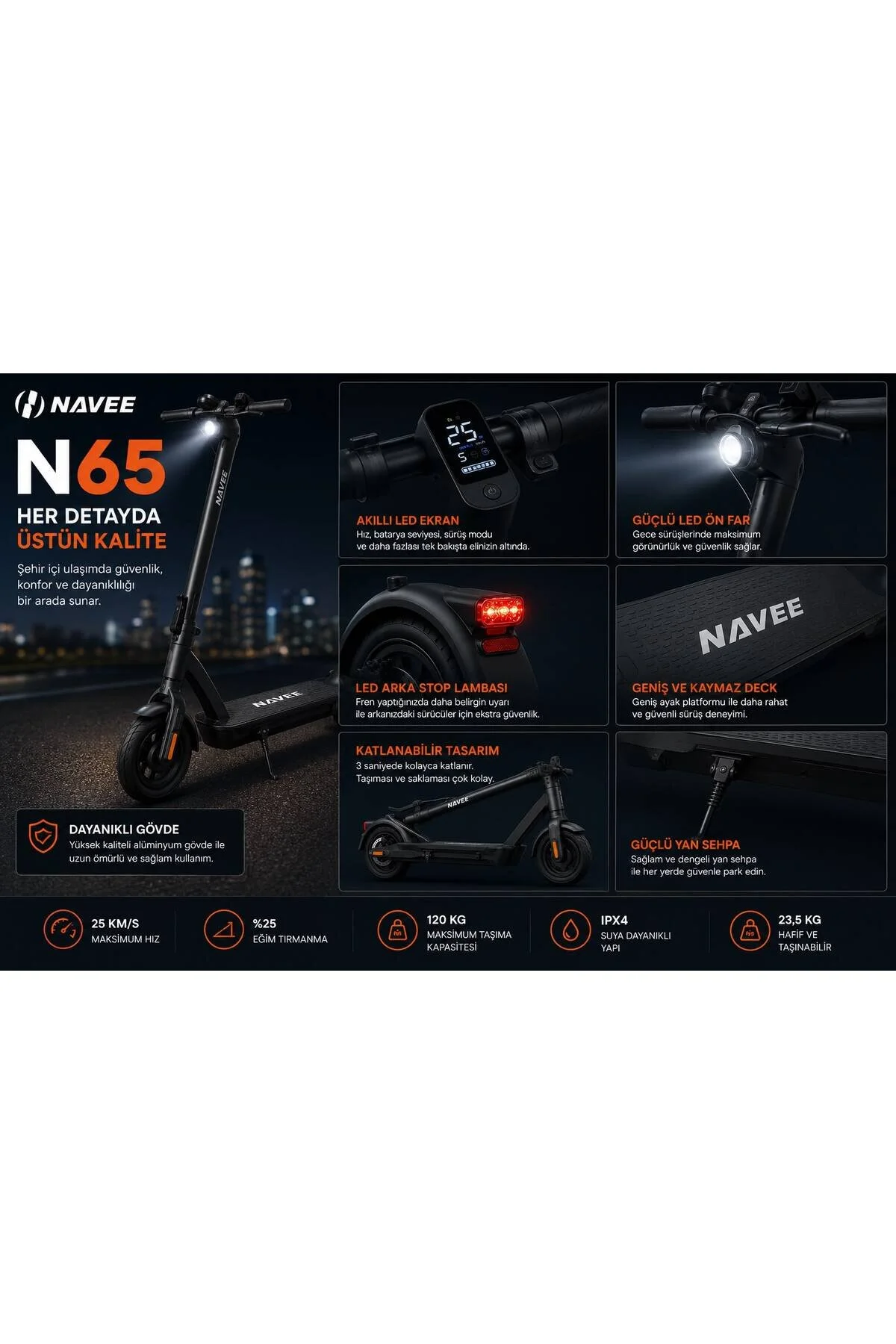 Navee N65 Elektrikli Scooter 500W Motor (900W Maksimum Güç) 65 Km Menzil 10 İnç Şişme Lastik Katlanabilir E-Scooter Siyah