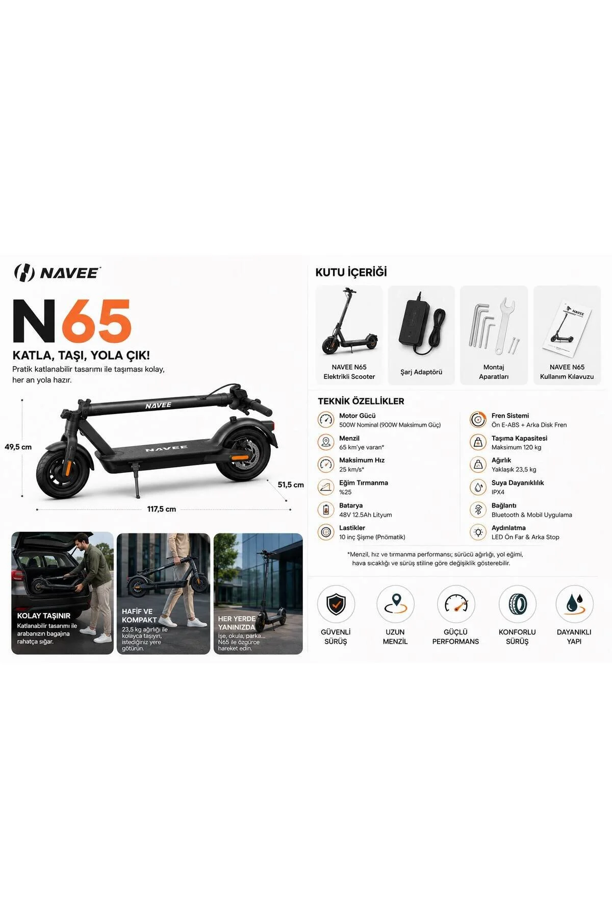Navee N65 Elektrikli Scooter 500W Motor (900W Maksimum Güç) 65 Km Menzil 10 İnç Şişme Lastik Katlanabilir E-Scooter Siyah