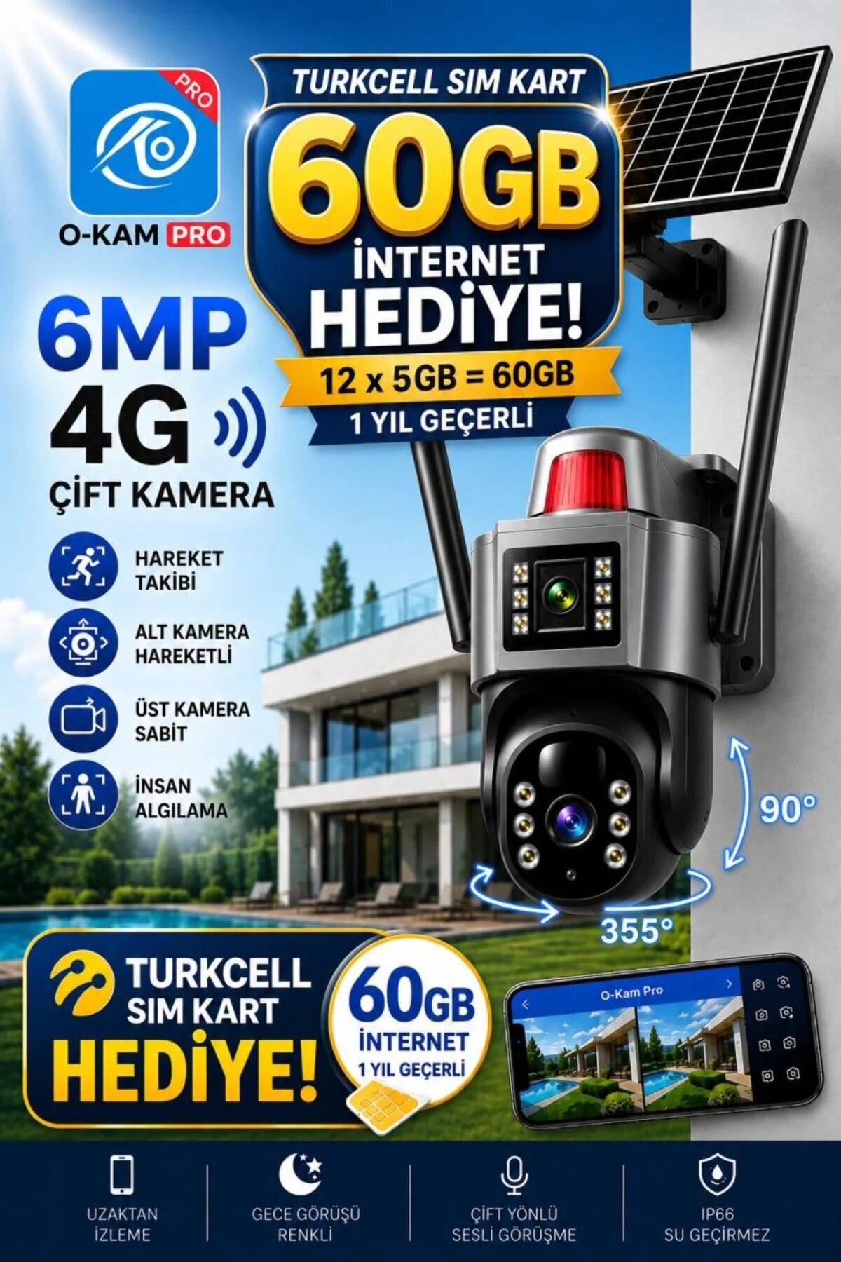 O-KAM OKAM 7015 4G 6mp Dual Lens Güneş Panelli Solar Sirenli Güvenlik Kamerası 1 Yıl İnternet