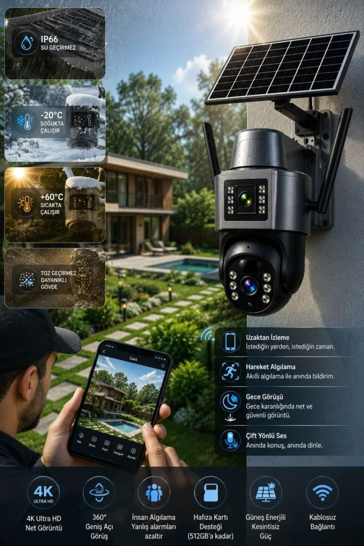 O-KAM OKAM 7015 4G 6mp Dual Lens Güneş Panelli Solar Sirenli Güvenlik Kamerası 1 Yıl İnternet