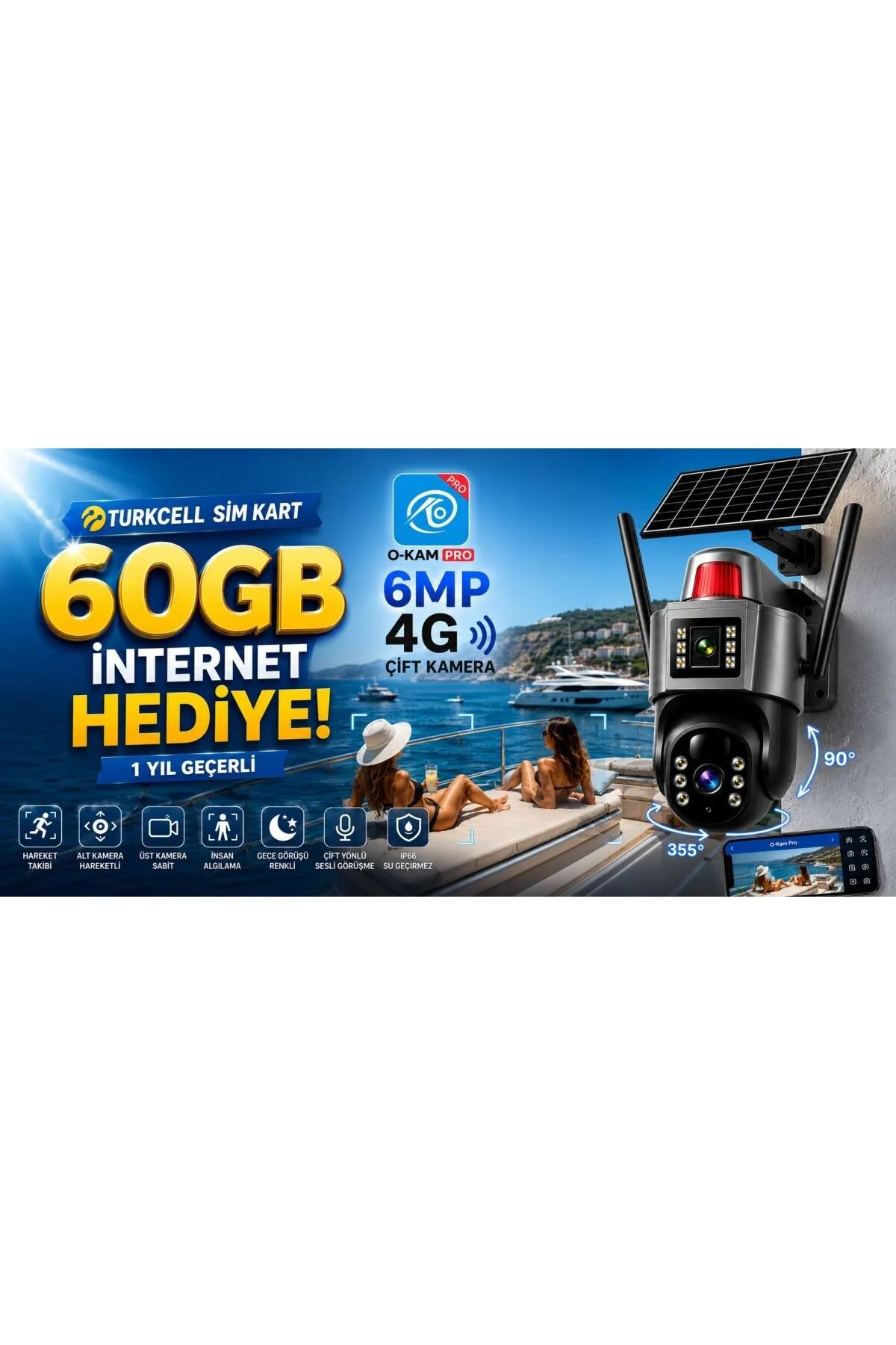 O-KAM OKAM 7015 4G 6mp Dual Lens Güneş Panelli Solar Sirenli Güvenlik Kamerası 1 Yıl İnternet