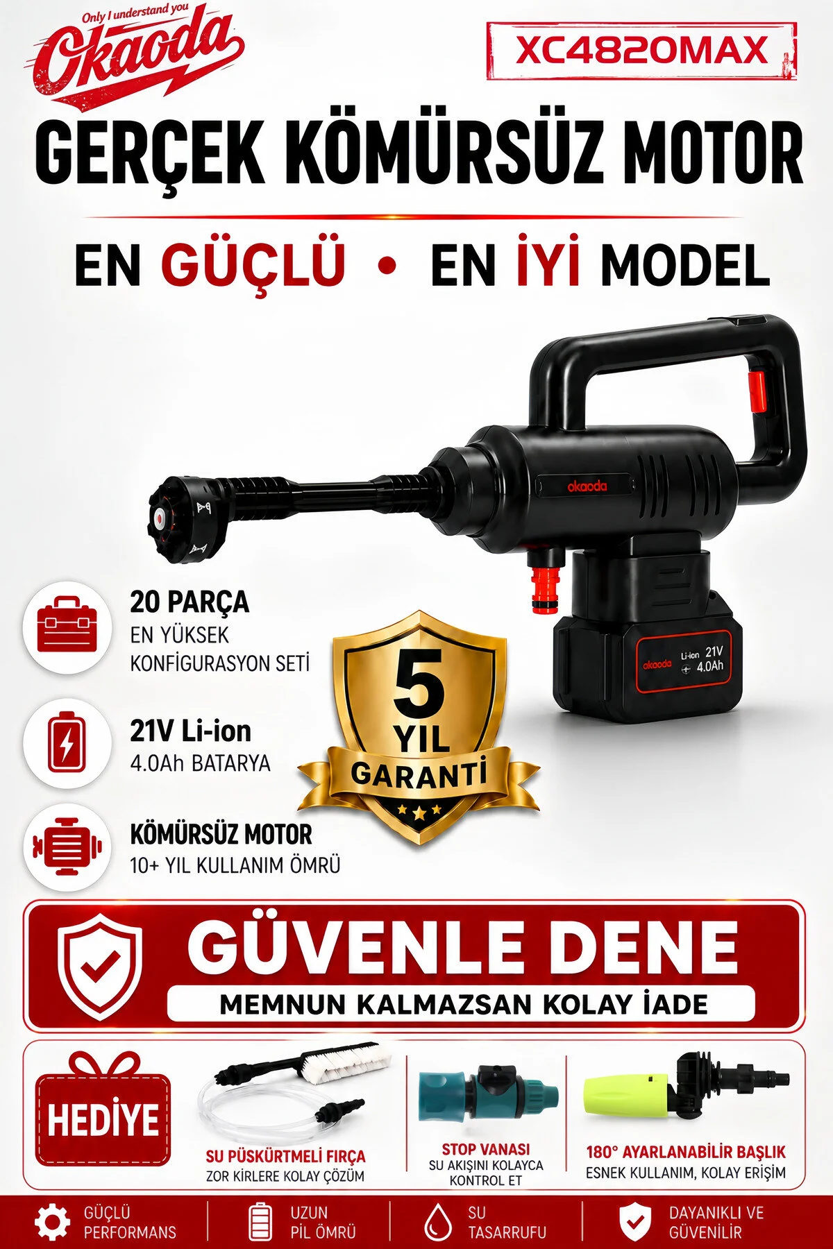 okaoda 🔥 4820 fırçasız motor çift pil Şarjlı Yüksek Basınç oto araba yıkama ve bahçe temiz makinesi