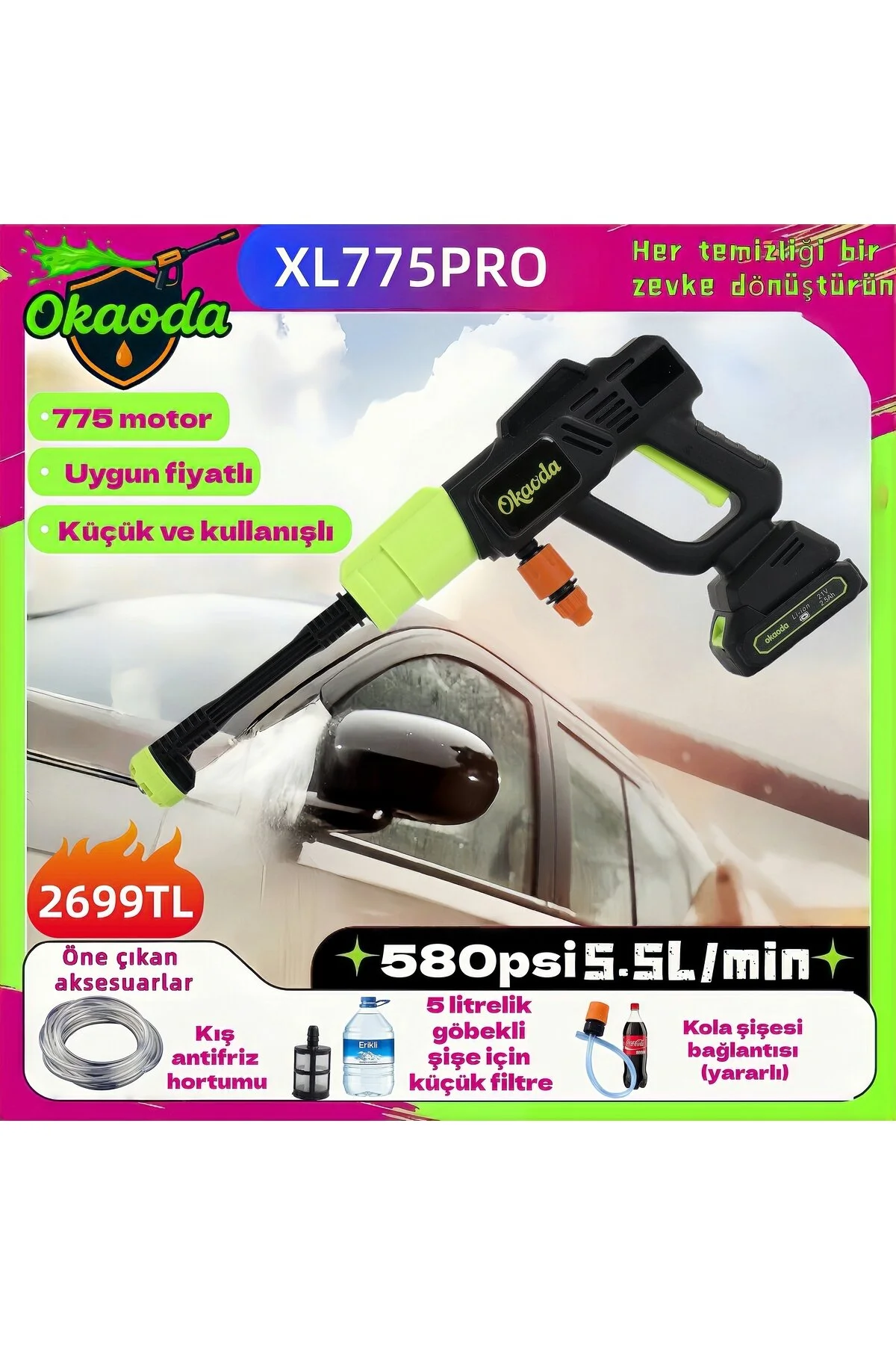 okaoda 🏆Çift Pilli 775 Büyük Motor Oto Araba Bahçe Klima Halı İçin Şarjlı Yüksek Basınçlı Yıkama Tabancası