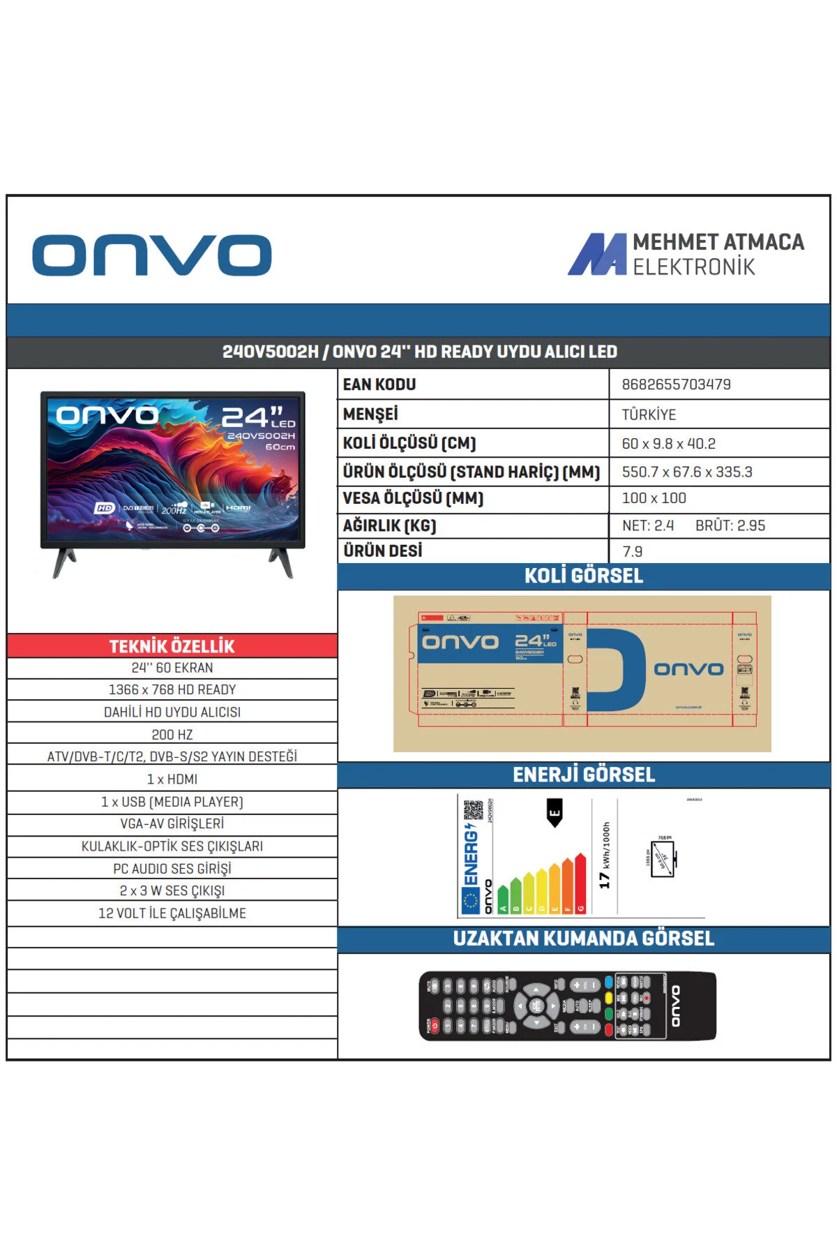 ONVO 24OV5002H 24'' 60 Ekran Uydu Alıcılı HD Ready LED TV ( 12 Volt )