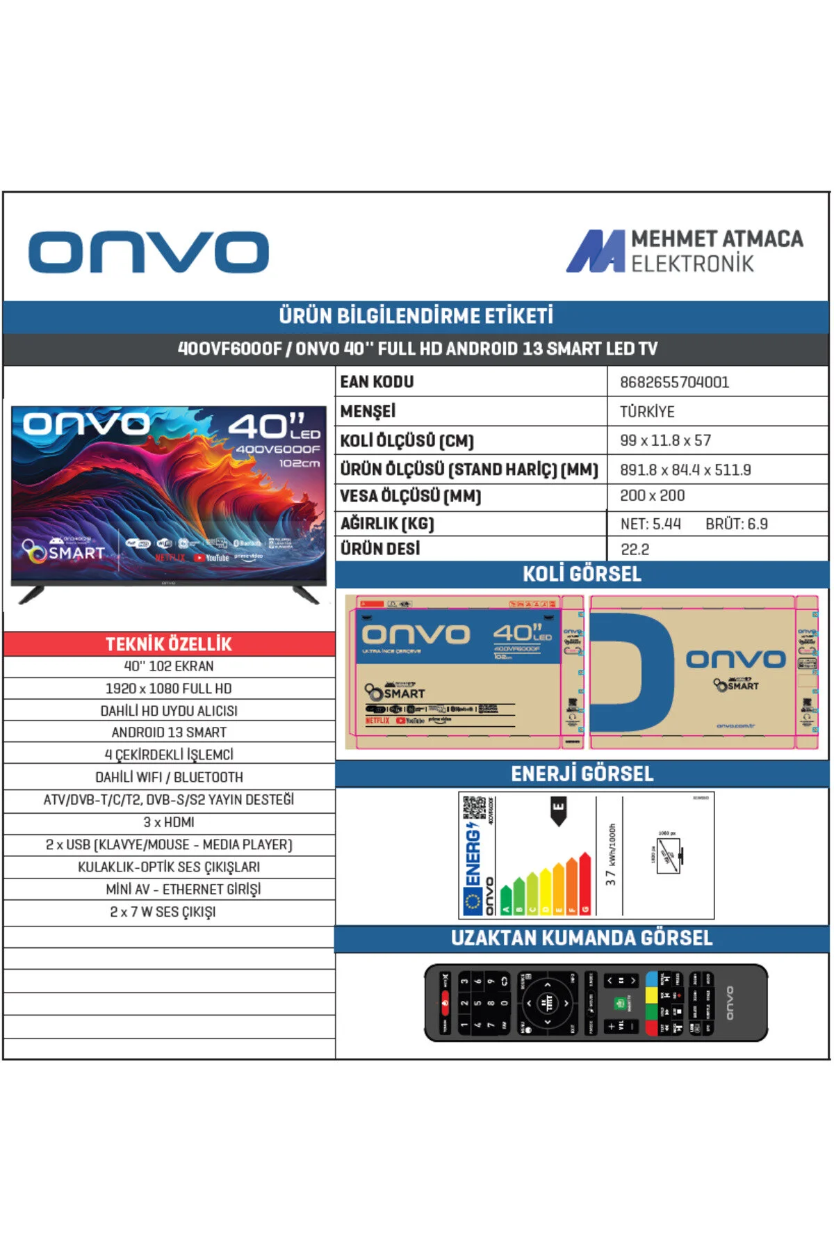 ONVO 40OVF6000F 40" 102 Ekran Uydu Alıcılı Full HD Android Smart LED TV