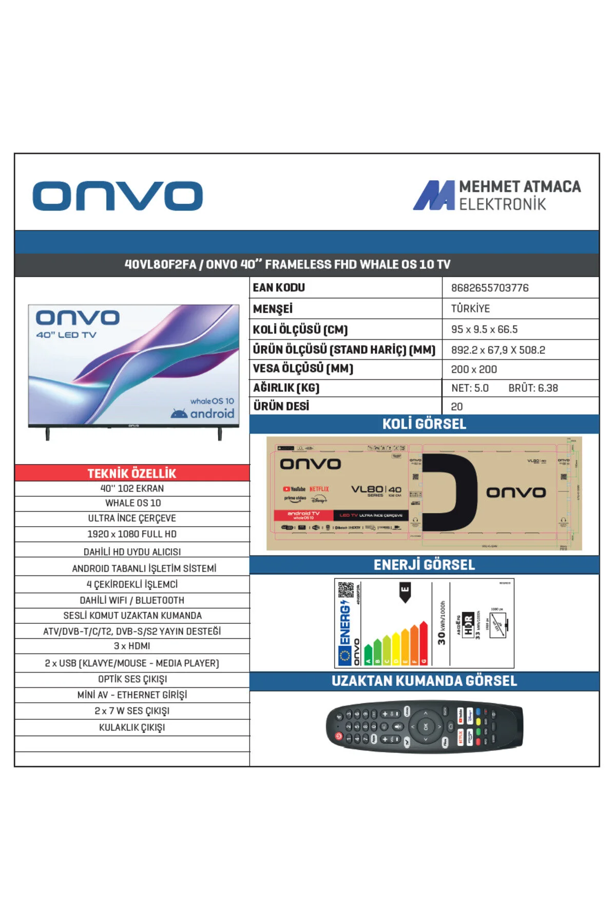 ONVO 40VL80F2FA 40'' 102 Ekran Uydu Alıcılı Full HD WhaleOS 10 LED TV