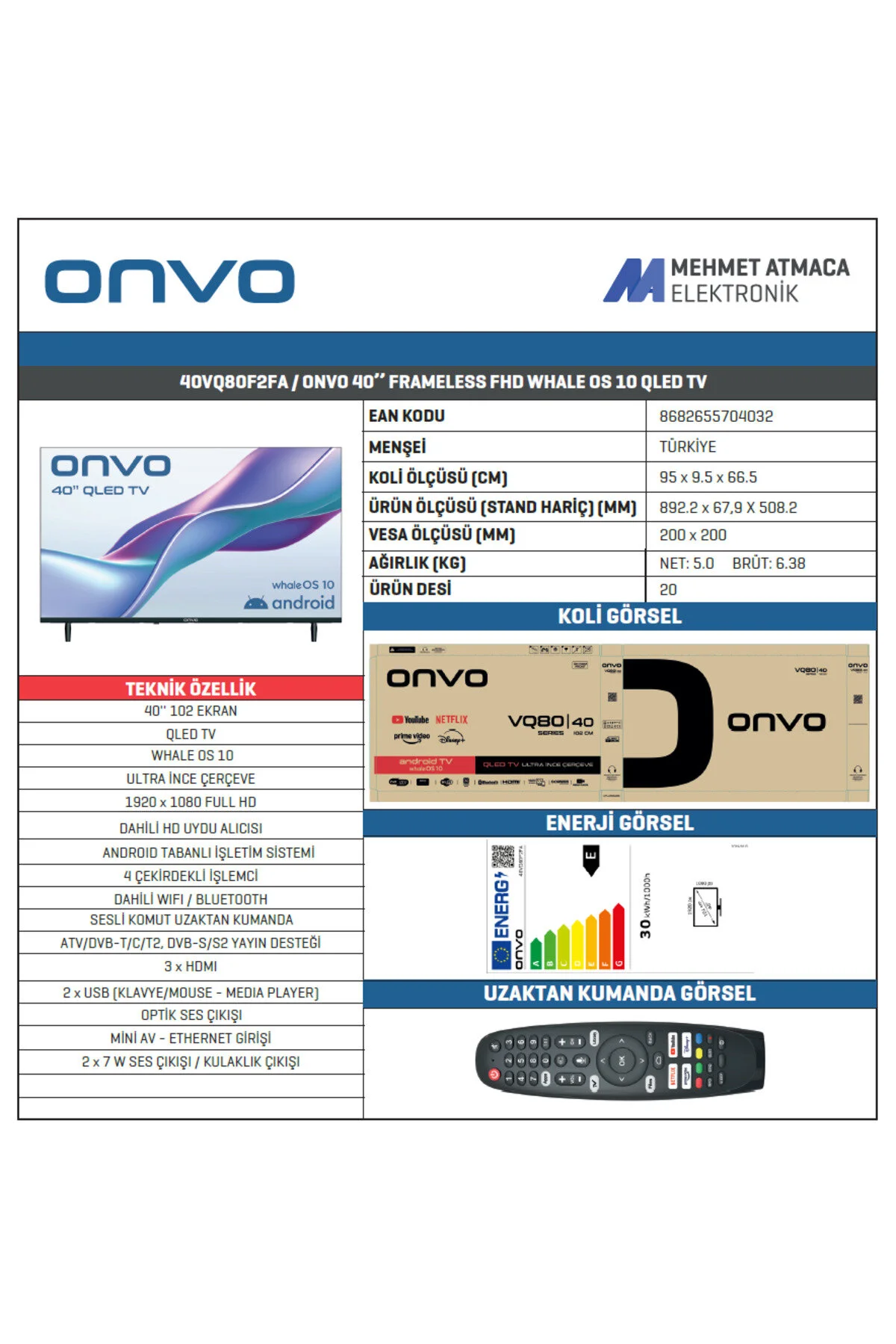 ONVO 40VQ80F2FA 40'' 102 Ekran Uydu Alıcılı Full HD WhaleOS QLED TV