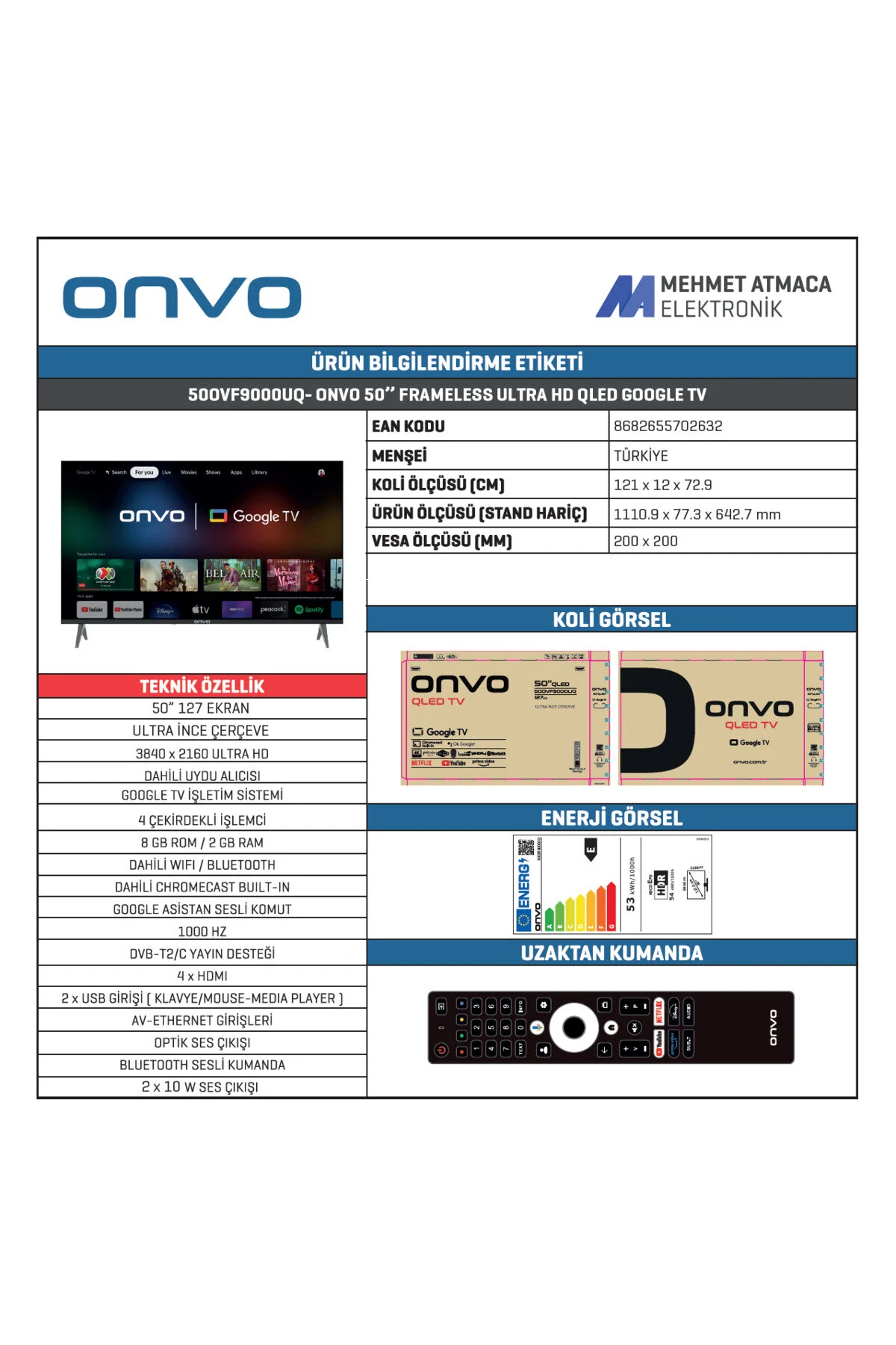 ONVO 50ovf9000uq 50'' 127 Ekran Uydu Alıcılı 4k Ultra Hd Qled Google Smart Tv