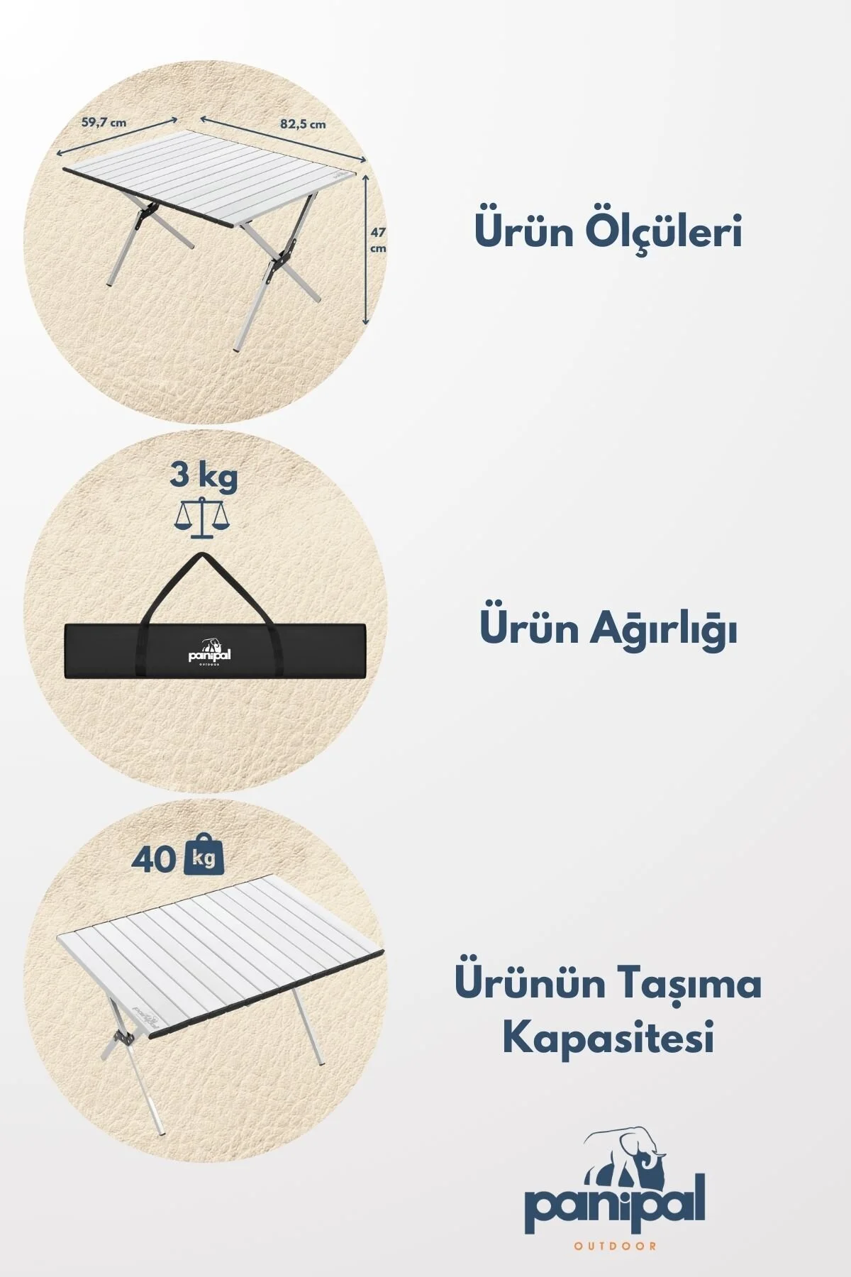Panipal Outdoor Alüminyum, Katlanabilir Kamp ve Piknik Masası, Omuz Askılı Taşıma Çantasıyla L