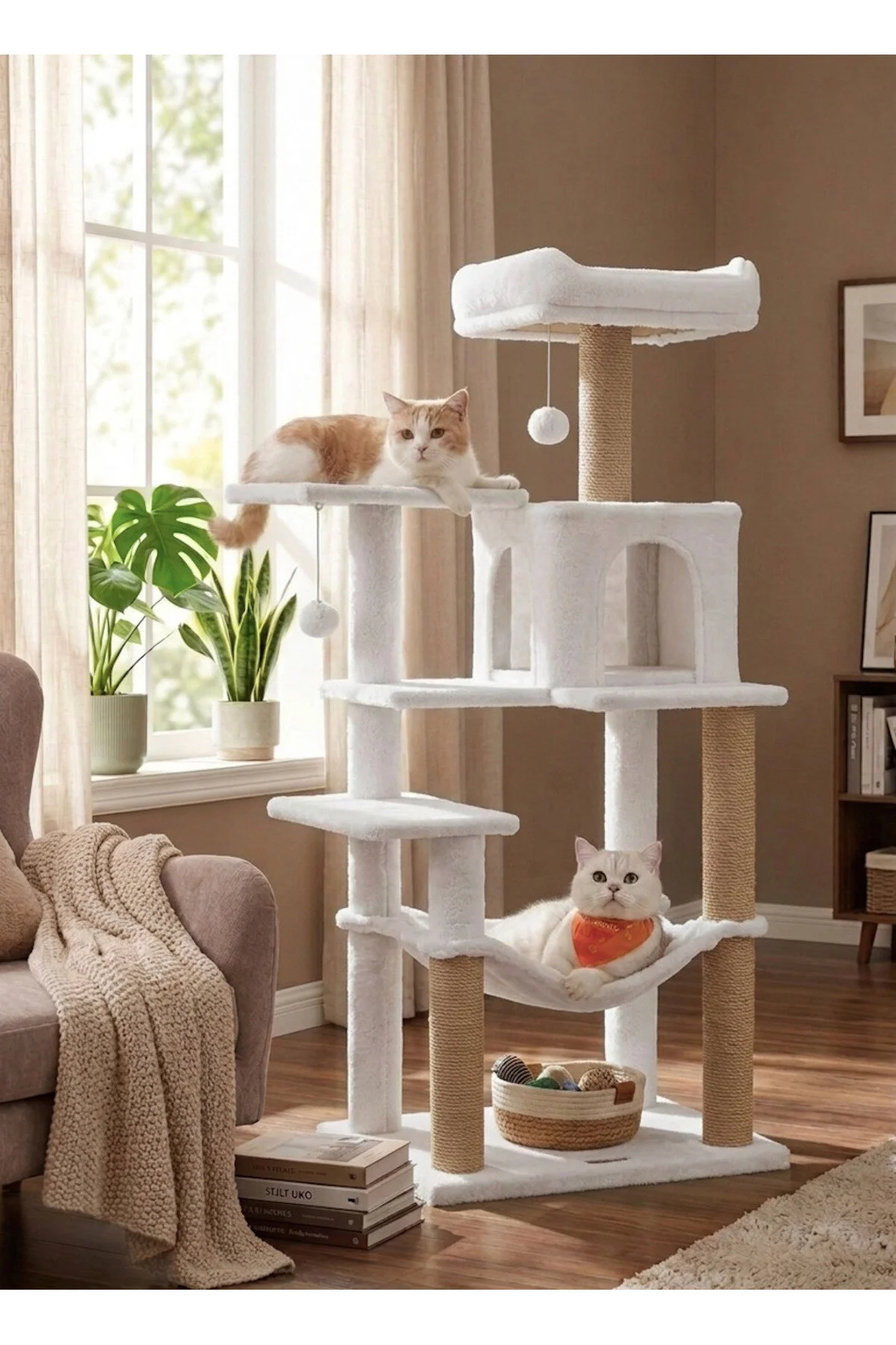 PATİSTORE Atina Kül Beyazı Çok Katlı Yıkanabilir Wellsoft Kumaş Ağır MDF Taban Kedi Tırmalama Ve Oyun Evi Kedi Ağacı