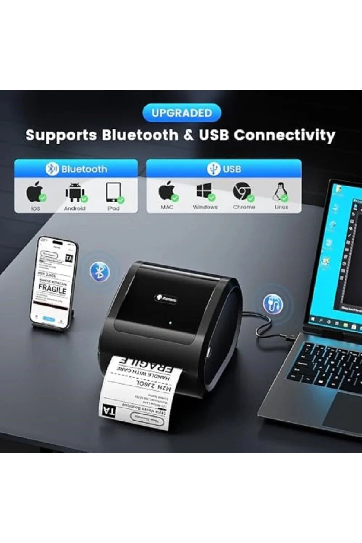 Phomemo D520-BT Bluetooth+USB Termal Yazıcı, Siyah - Barkod/Adres/Posta Etiketi, Pazaryerleri İle Uyumlu
