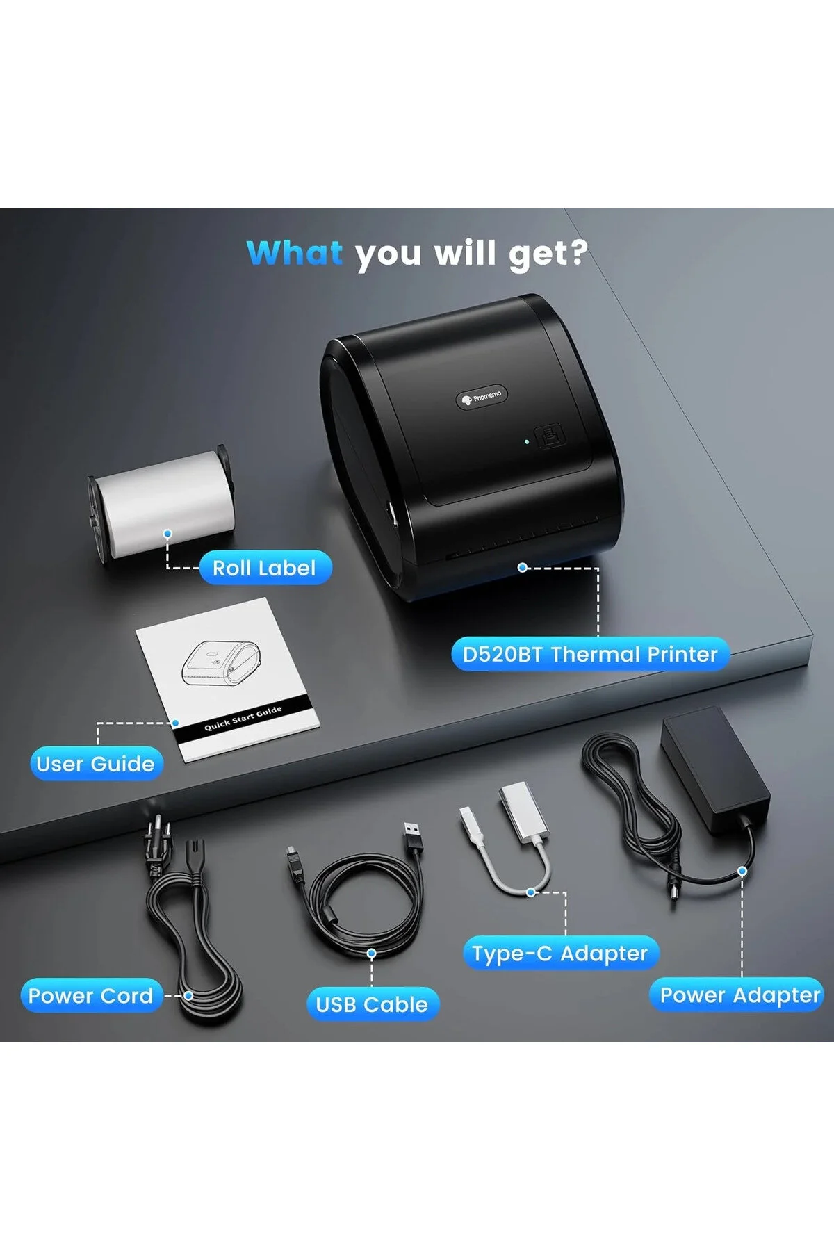 Phomemo D520-BT Bluetooth+USB Termal Yazıcı, Siyah - Barkod/Adres/Posta Etiketi, Pazaryerleri İle Uyumlu