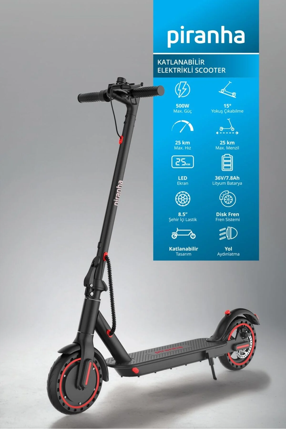 Piranha 5010 500W Elektrikli Scooter | 36V 7.8Ah Pil | LED Aydınlatma | LCD Ekran | Uygulama Destek