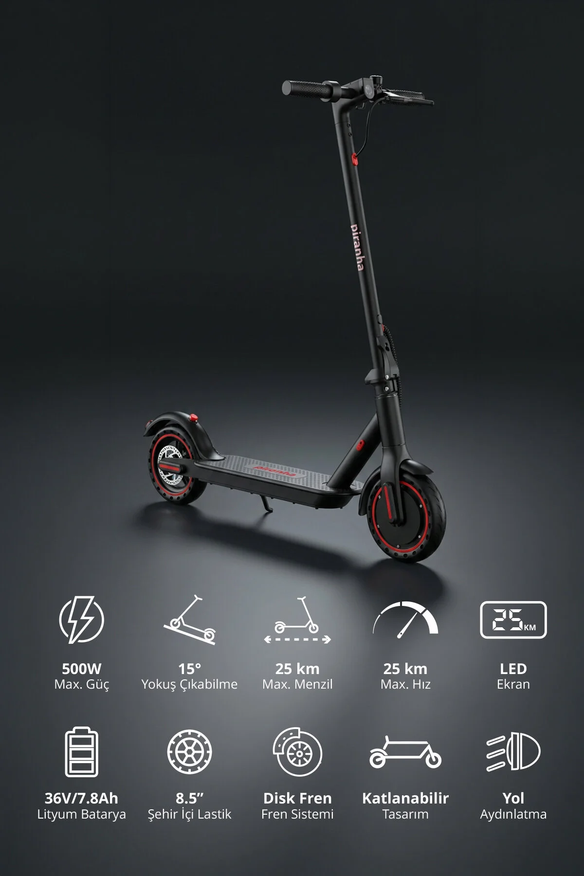 Piranha 5010 500W Elektrikli Scooter | 36V 7.8Ah Pil | LED Aydınlatma | LCD Ekran | Uygulama Destek