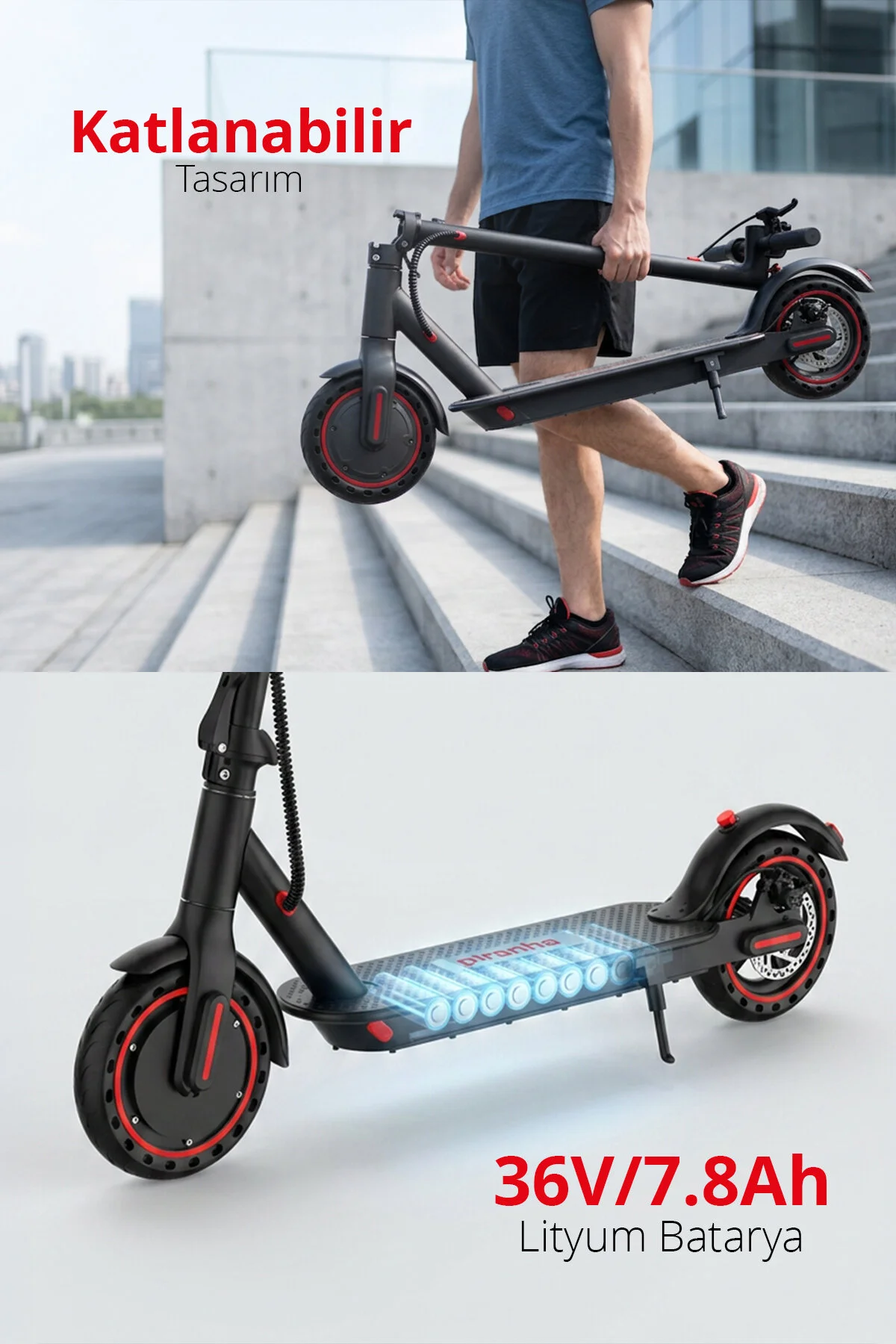 Piranha 5010 500W Elektrikli Scooter | 36V 7.8Ah Pil | LED Aydınlatma | LCD Ekran | Uygulama Destek