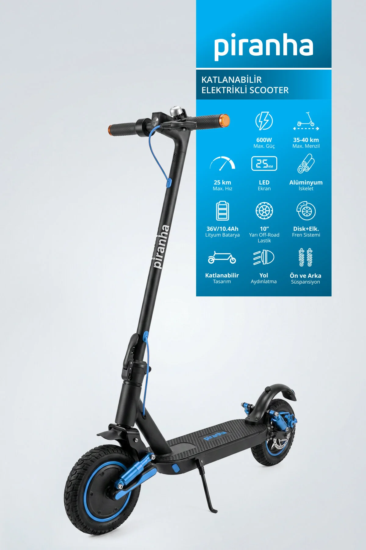 Piranha 5015-M 600W Elektrikli Scooter 36V 10.4Ah 35 Km Menzil Katlanabilir Çift Amortisör Sinyal