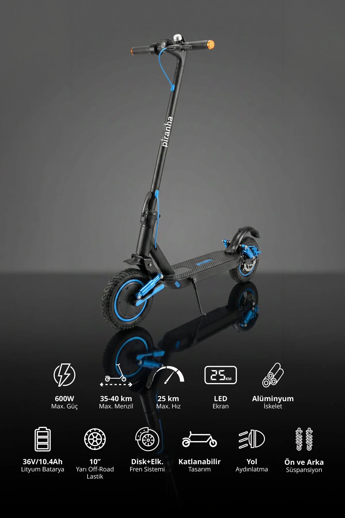 Piranha 5015-M 600W Elektrikli Scooter 36V 10.4Ah 35 Km Menzil Katlanabilir Çift Amortisör Sinyal