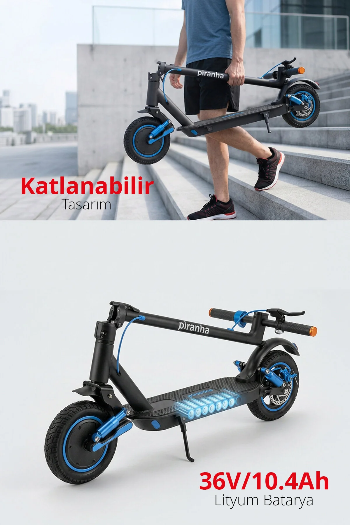 Piranha 5015-M 600W Elektrikli Scooter 36V 10.4Ah 35 Km Menzil Katlanabilir Çift Amortisör Sinyal