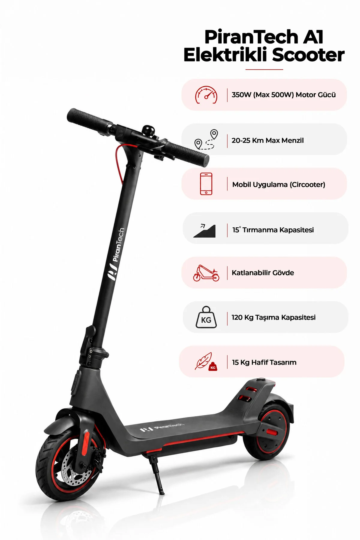 PiranTech A1 Elektrikli Scooter 350W – 500W Kırmızı | Mobil Uygulama | Katlanabilir