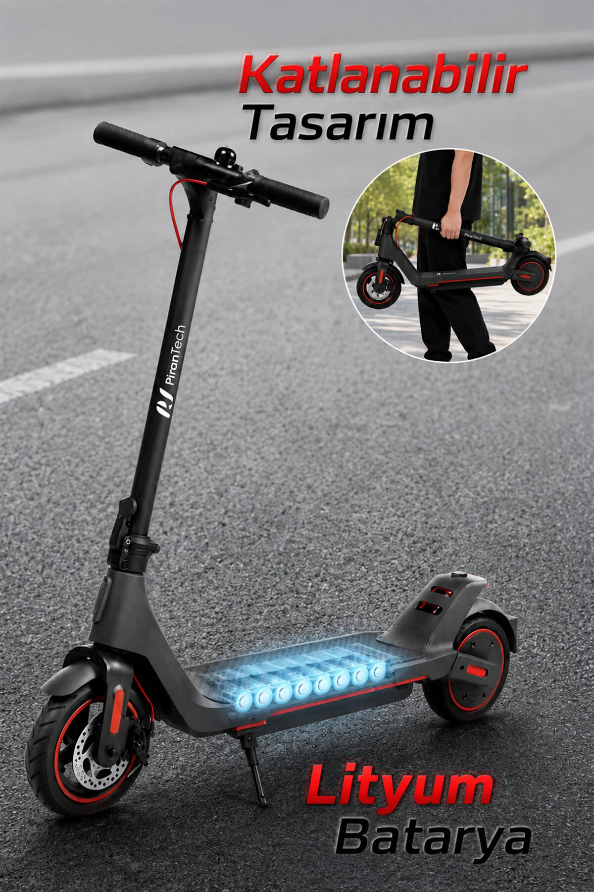 PiranTech A1 Elektrikli Scooter 350W – 500W Kırmızı | Mobil Uygulama | Katlanabilir
