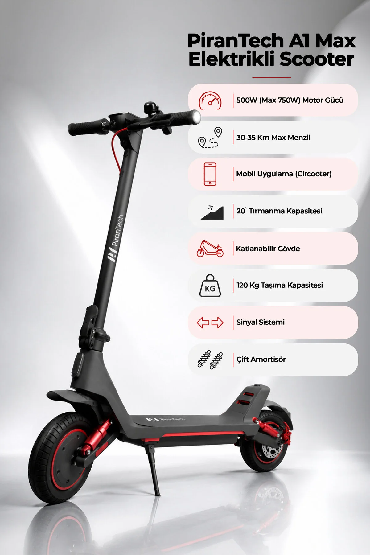 PiranTech A1 Max Elektrikli Scooter 500W – 750W Kırmızı | Uzun Menzil | Mobil Uygulama | Çift Amortisör