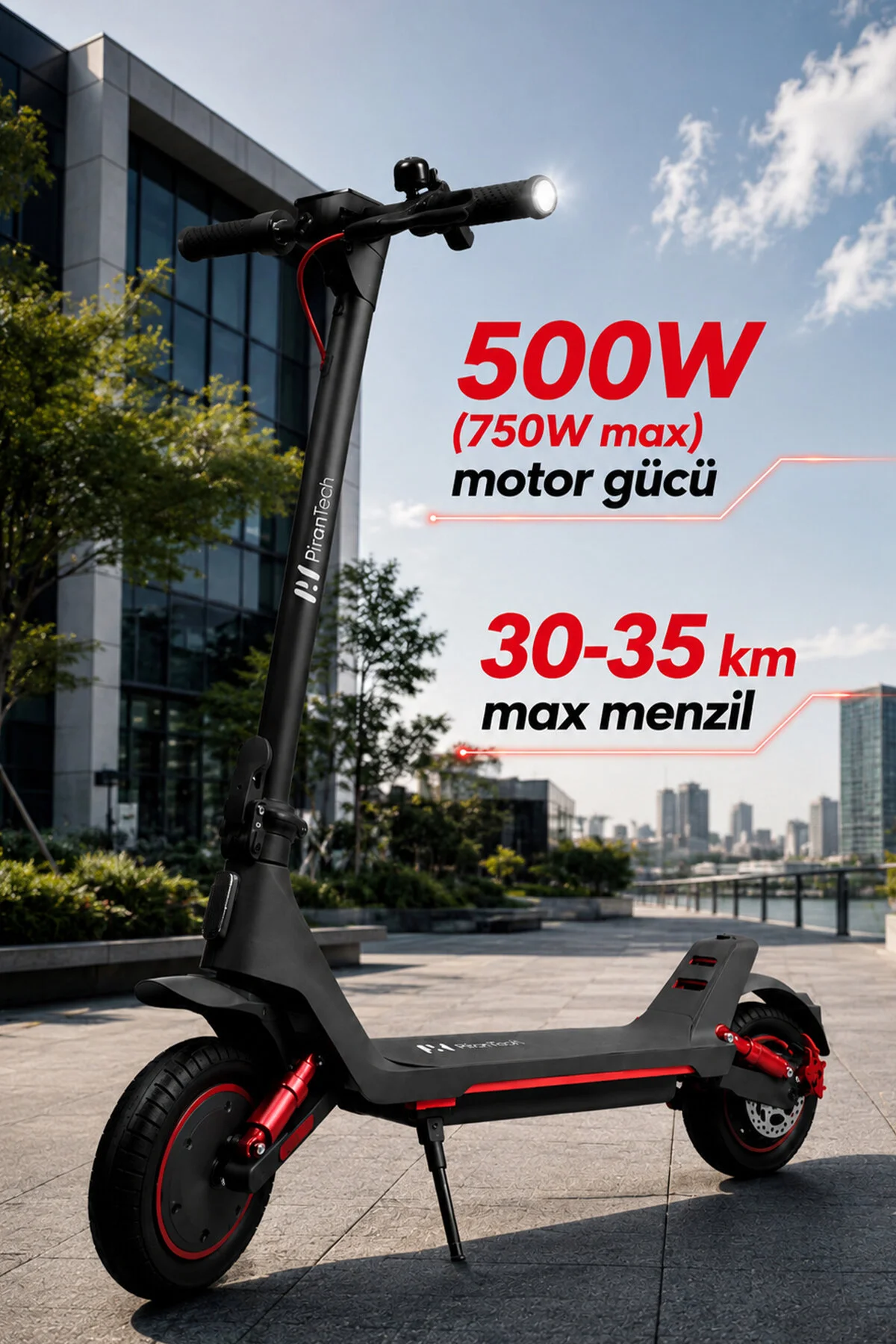 PiranTech A1 Max Elektrikli Scooter 500W – 750W Kırmızı | Uzun Menzil | Mobil Uygulama | Çift Amortisör