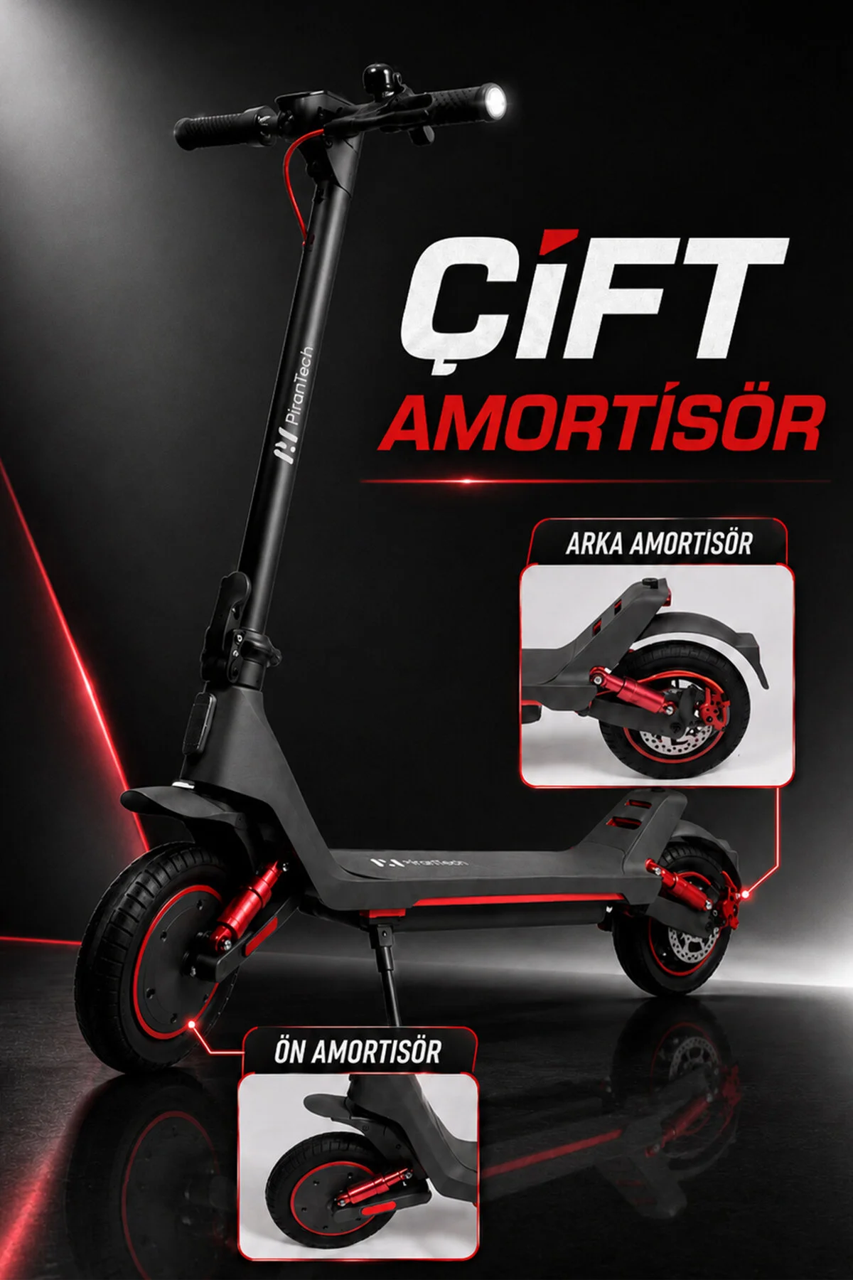 PiranTech A1 Max Elektrikli Scooter 500W – 750W Kırmızı | Uzun Menzil | Mobil Uygulama | Çift Amortisör