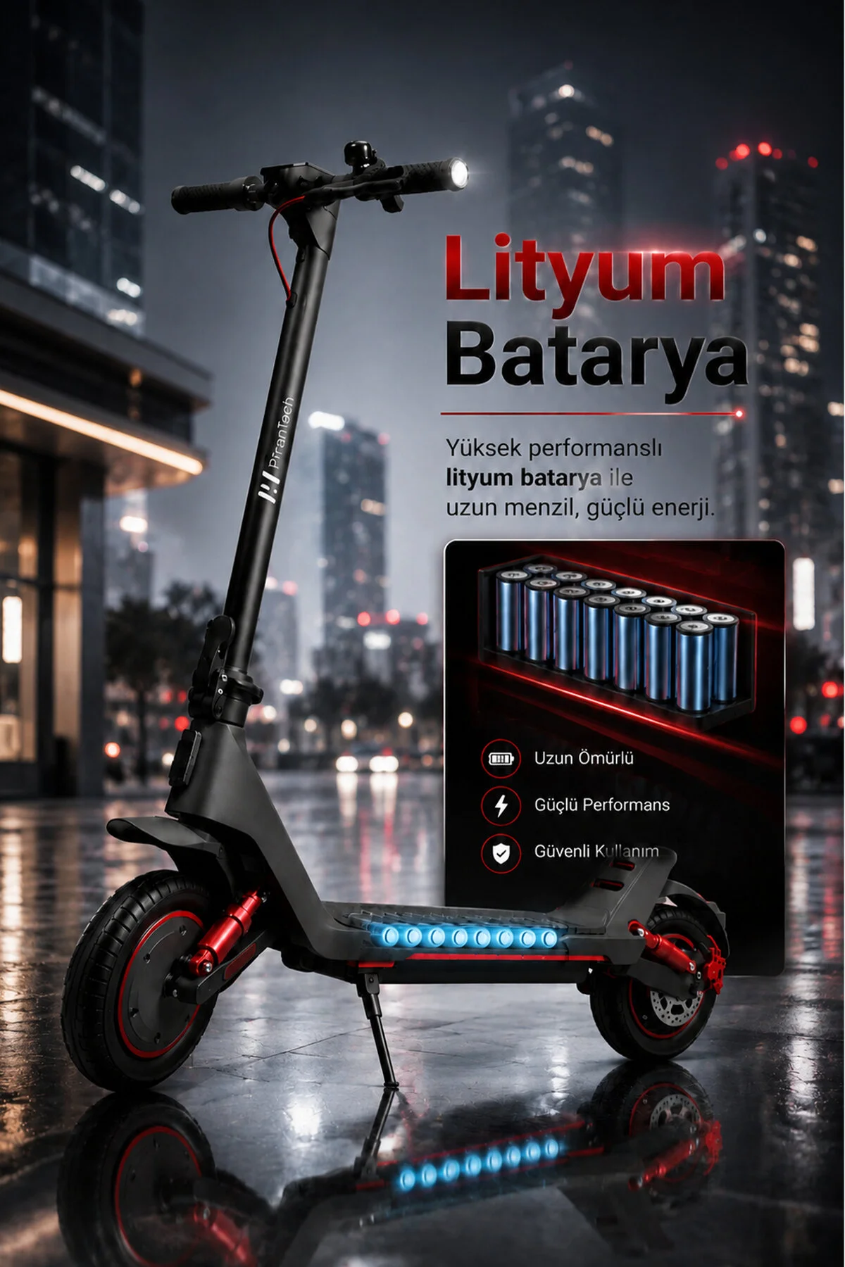 PiranTech A1 Max Elektrikli Scooter 500W – 750W Kırmızı | Uzun Menzil | Mobil Uygulama | Çift Amortisör