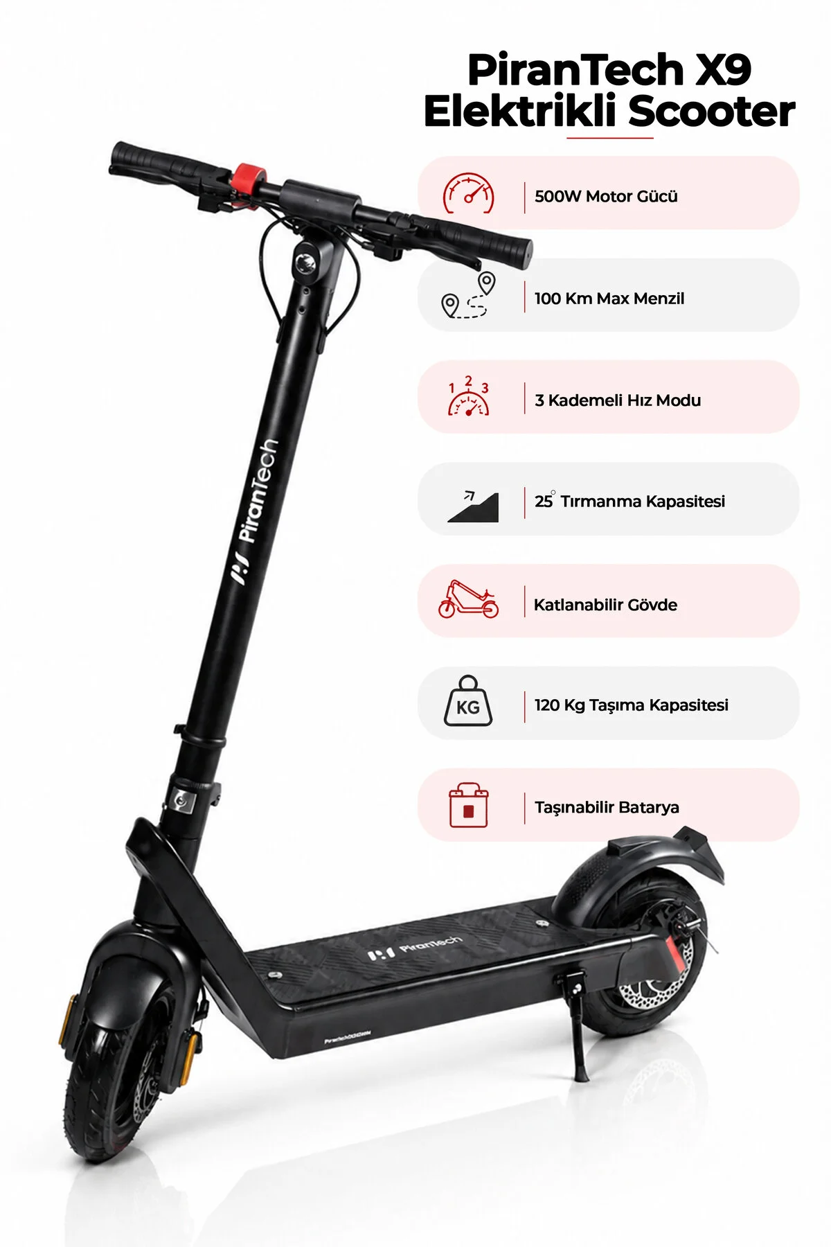 PiranTech X9 Elektrikli Scooter - Çıkartılabilir Bataryalı 850W Katlanabilir Scooter