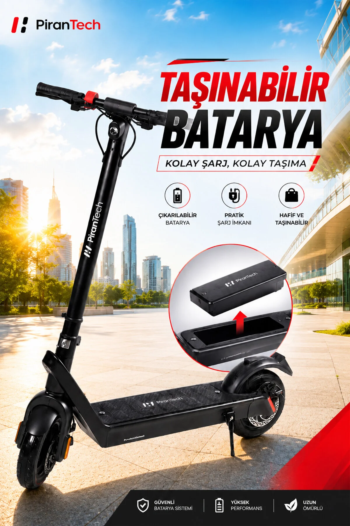 PiranTech X9 Elektrikli Scooter - Çıkartılabilir Bataryalı 850W Katlanabilir Scooter
